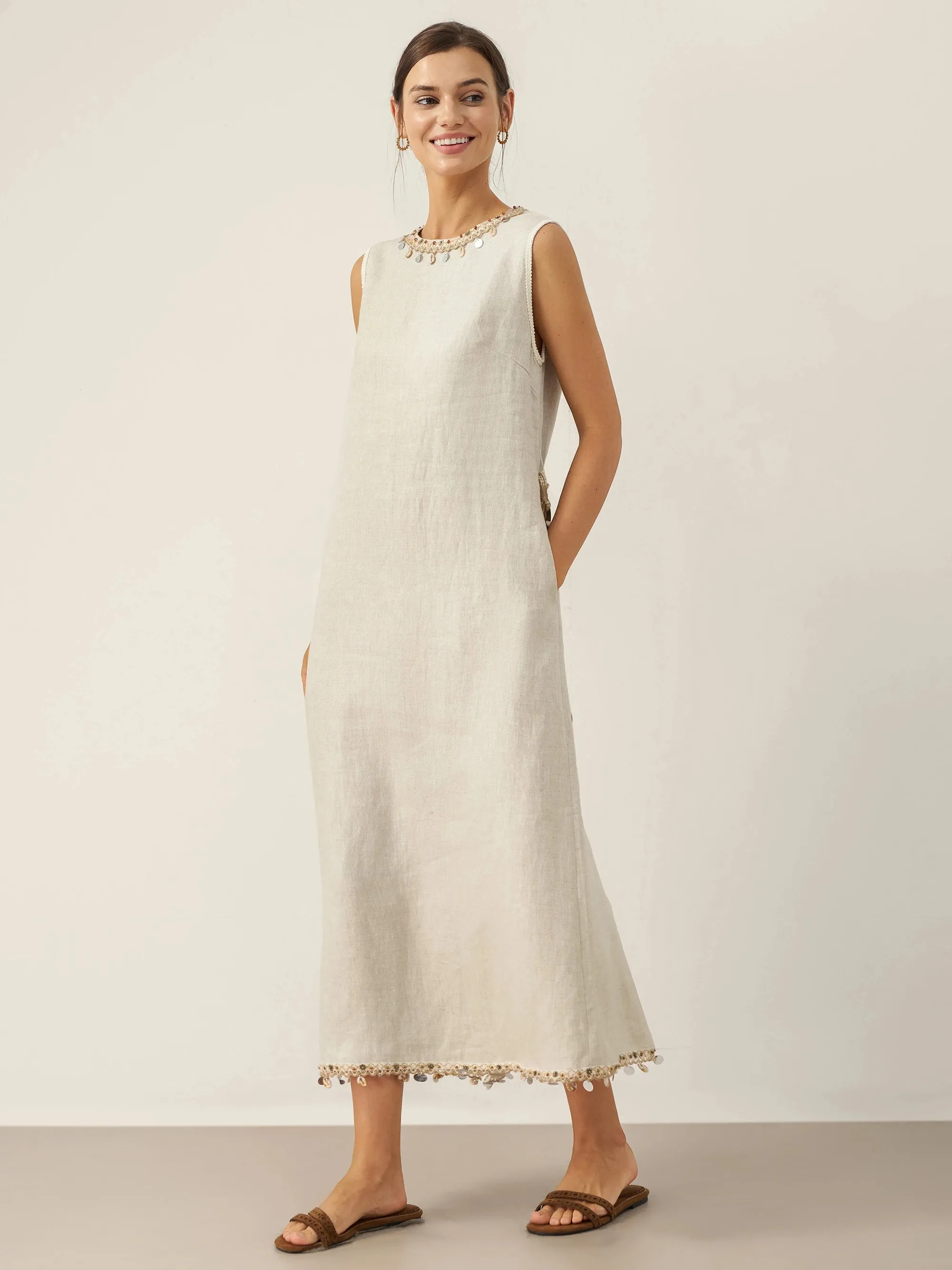 100% Linen Beaded Crew Neck Maxi Dress with Belt BELLA sold by Lintico product image thumbnail 5