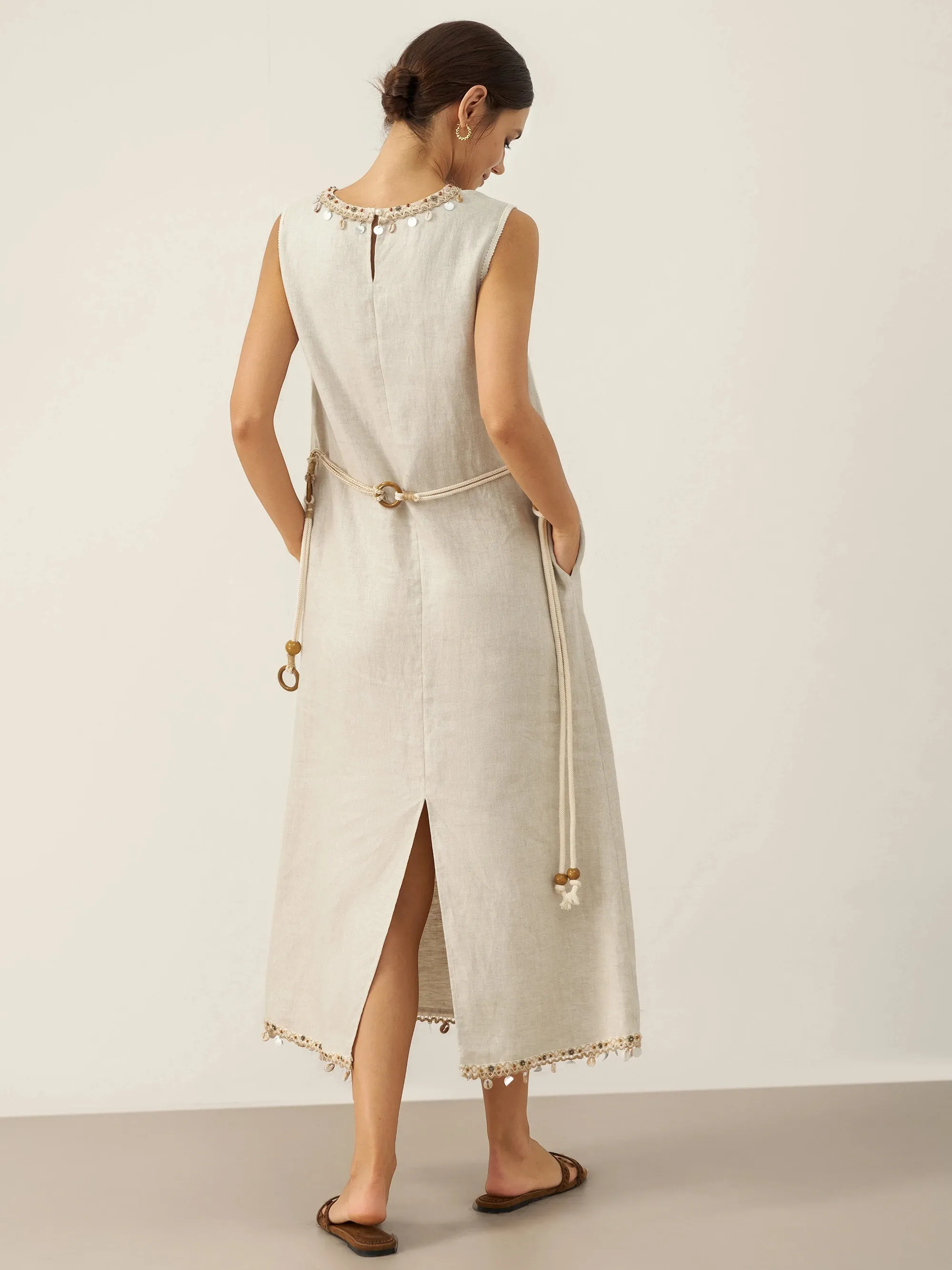 100% Linen Beaded Crew Neck Maxi Dress with Belt BELLA sold by Lintico product image thumbnail 4