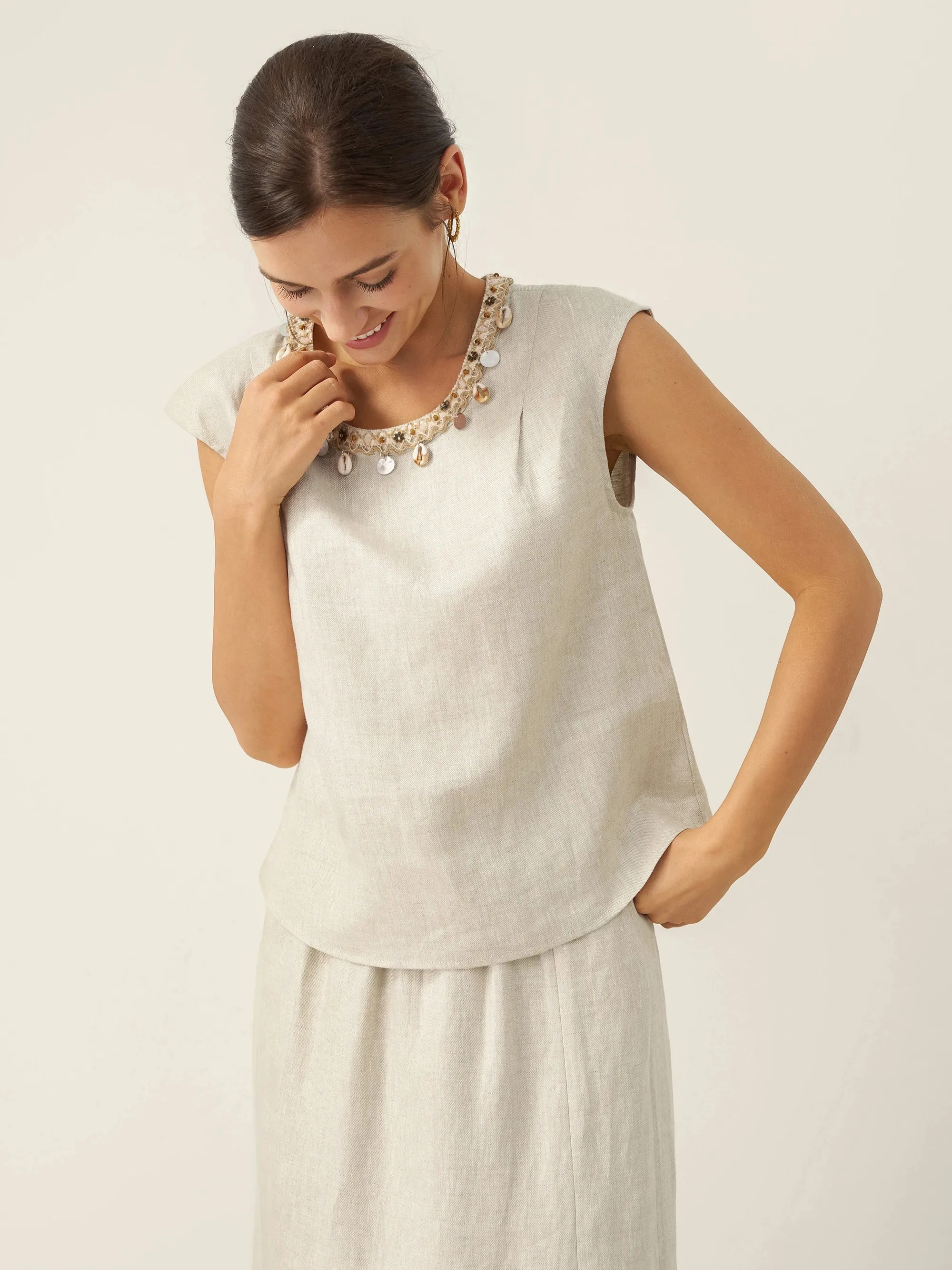 100% Linen Cap Sleeve Beaded Top BIANCA sold by Lintico product image thumbnail 4