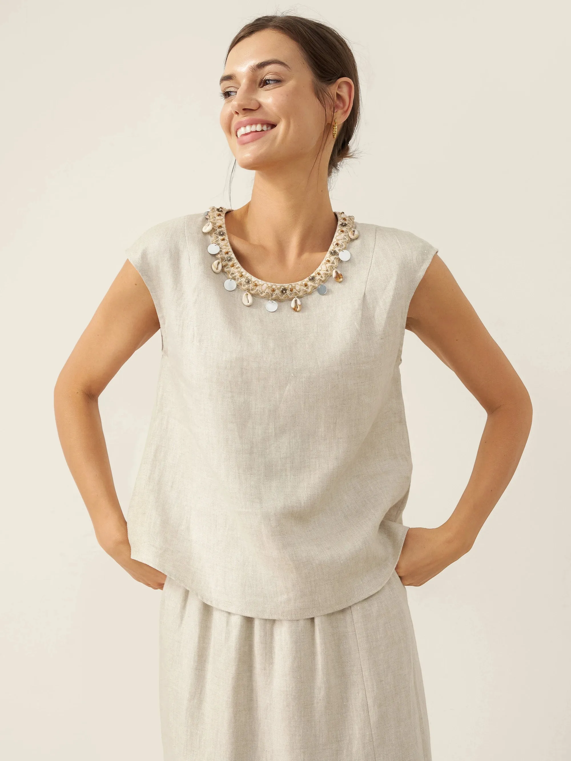 100% Linen Cap Sleeve Beaded Top BIANCA sold by Lintico