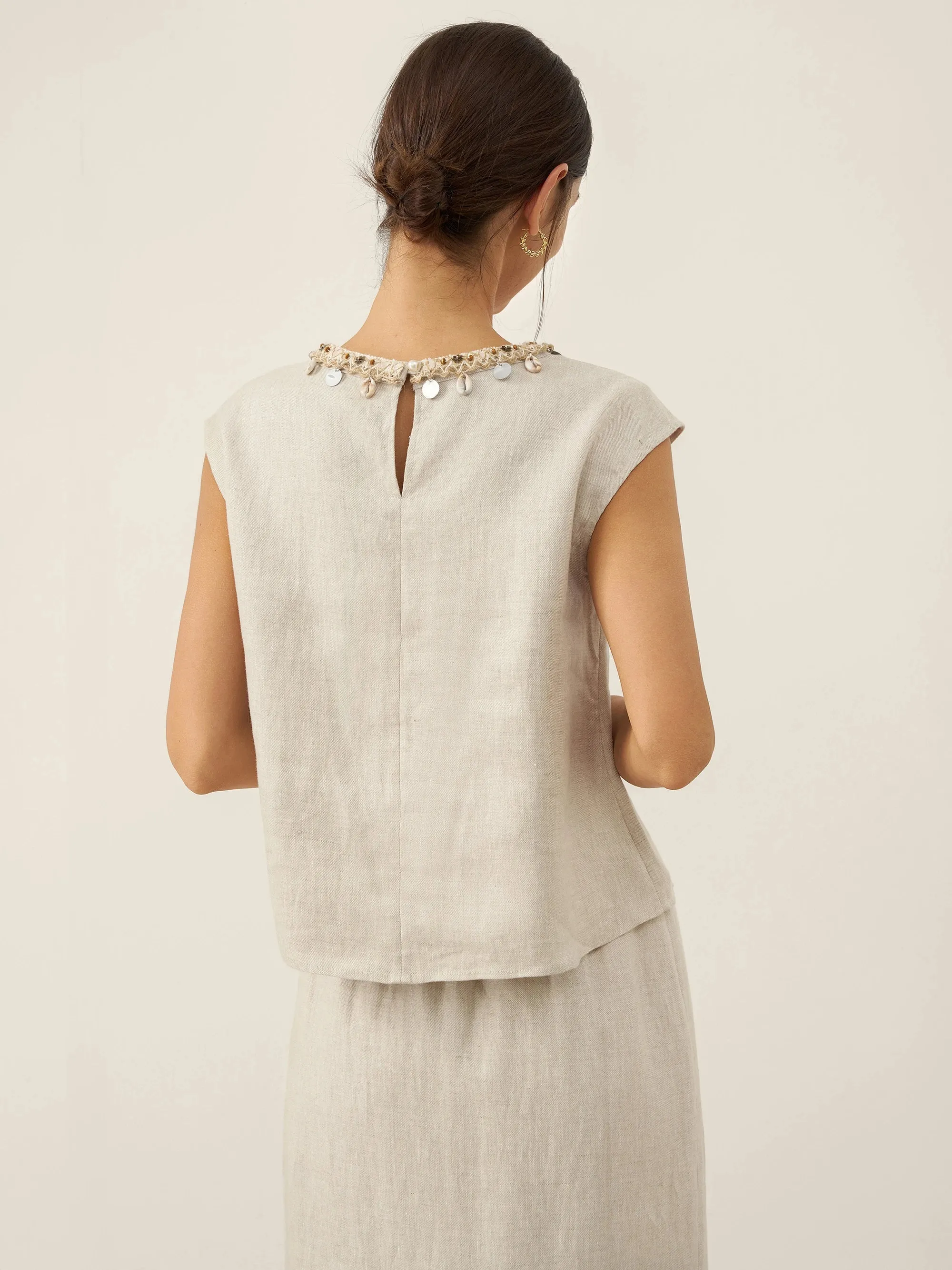 100% Linen Cap Sleeve Beaded Top BIANCA sold by Lintico product image thumbnail 5