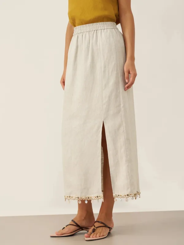 100% Linen Elastic Waist Beaded Skirt BIAN sold by Lintico