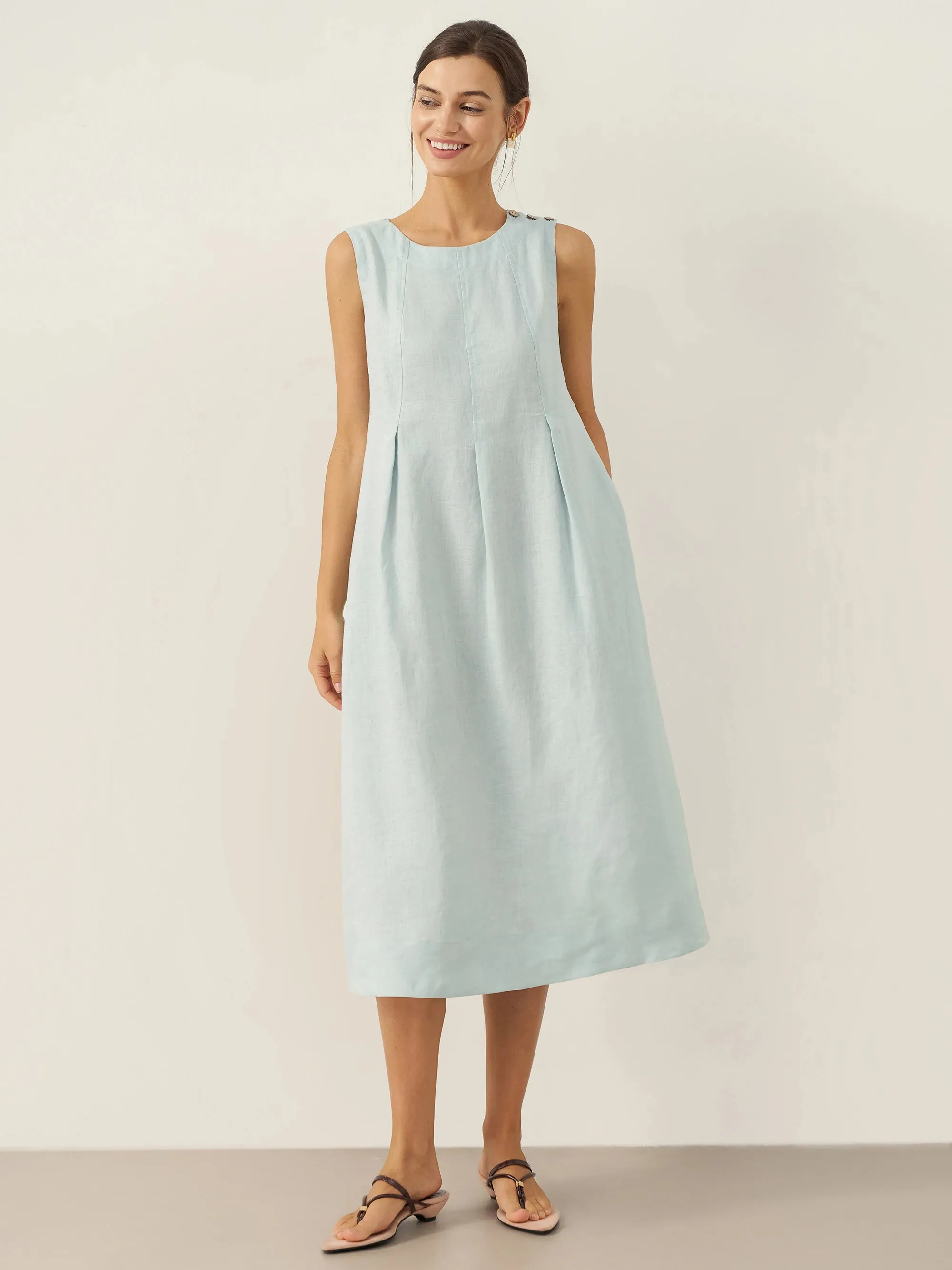 100% Linen Sleeveless Shoulder Button Midi Dress FREYA sold by Lintico