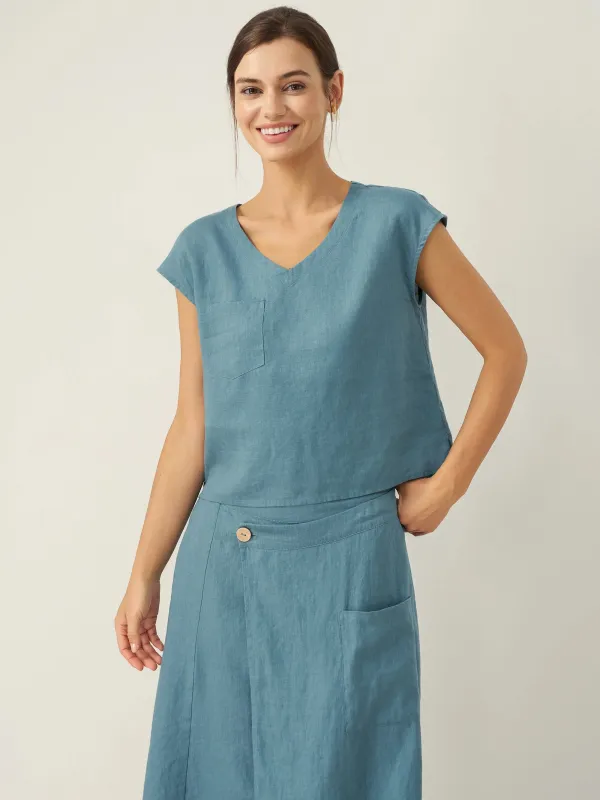 100% Linen V-Neck Cap Sleeve Crop Top FRESSA sold by Lintico
