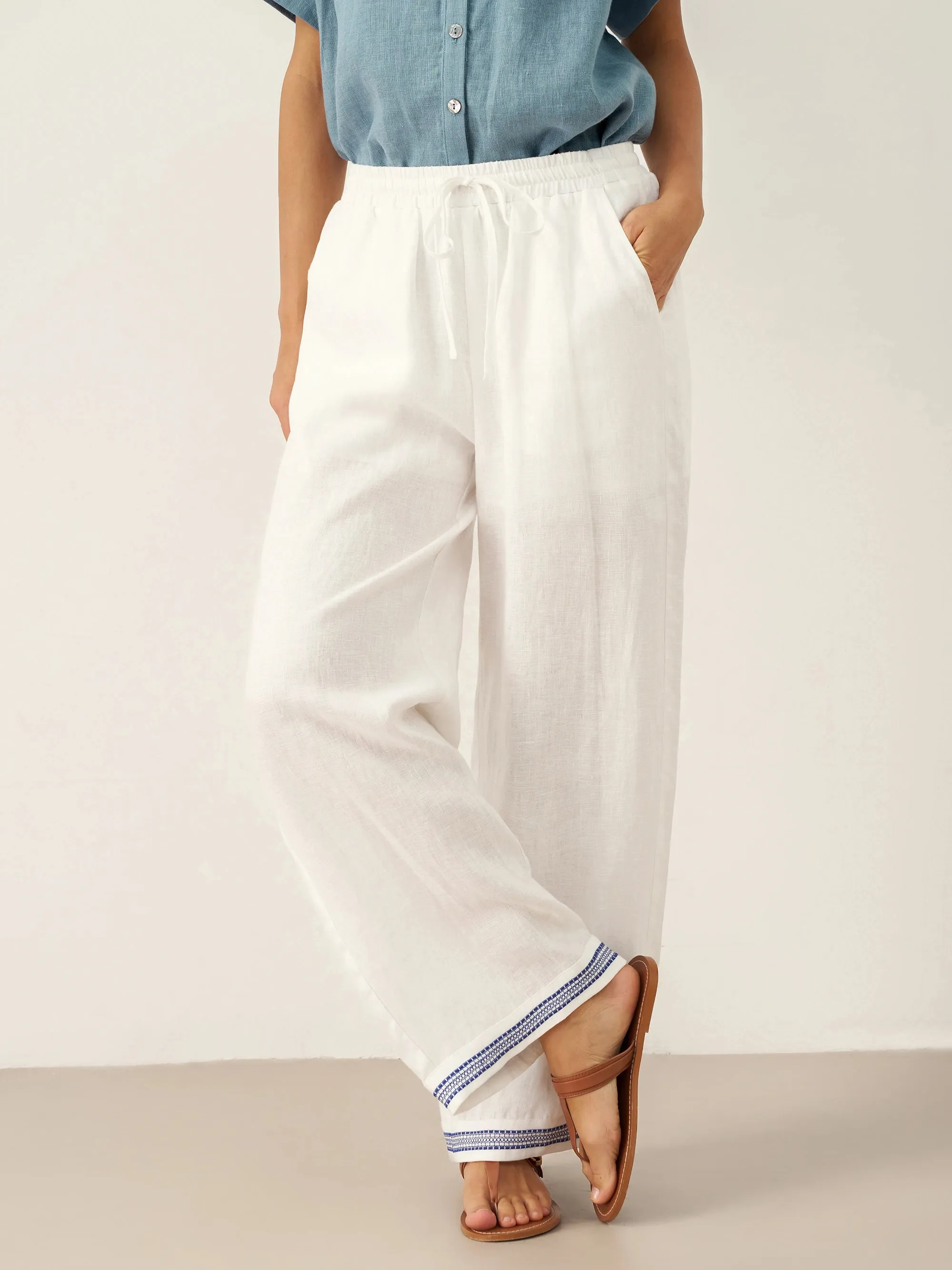 100% Linen Embroidered Elastic Waist Pants FENE sold by Lintico product image thumbnail 4