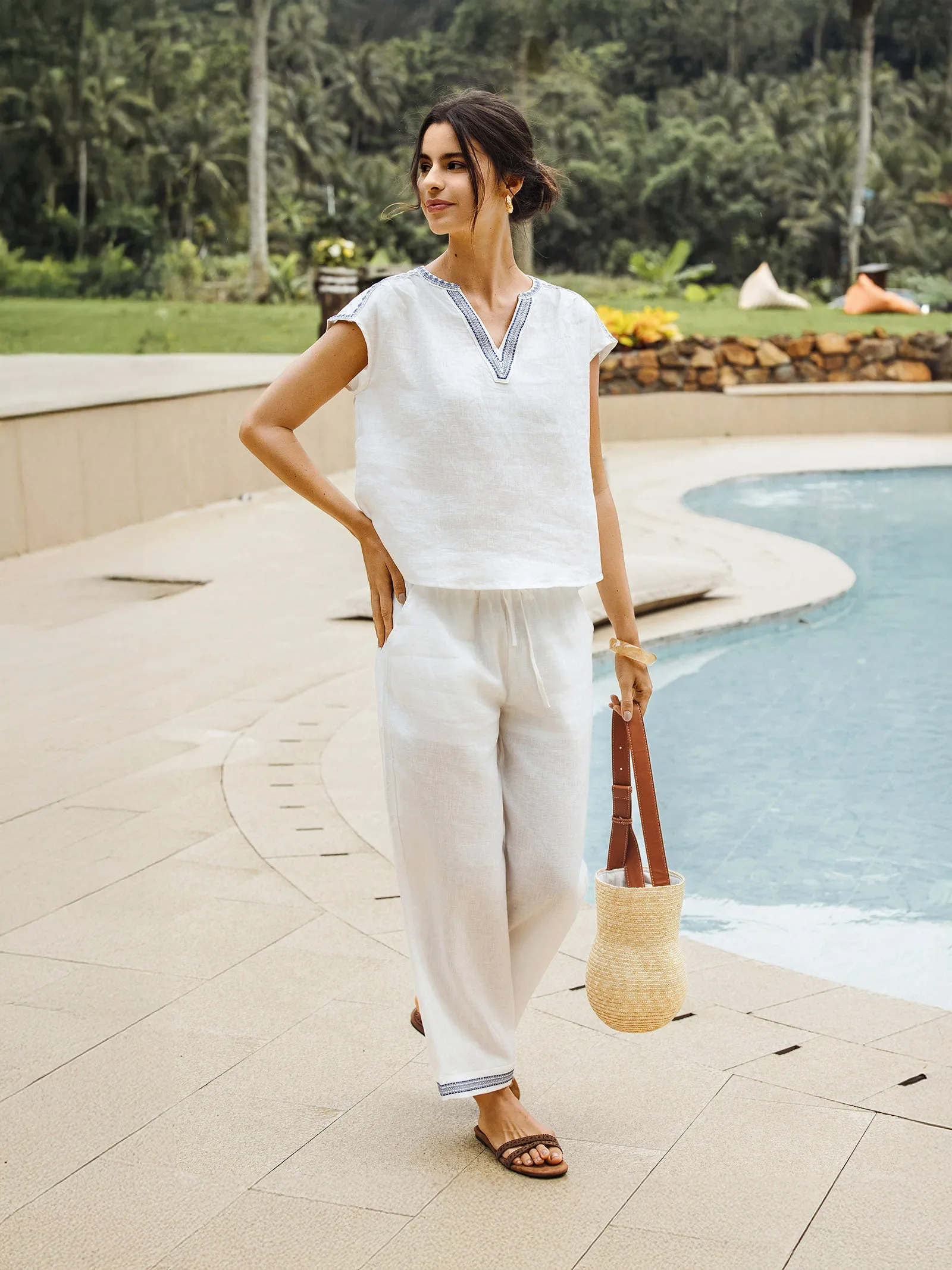 100% Linen Embroidered Elastic Waist Pants FENE sold by Lintico product image thumbnail 3