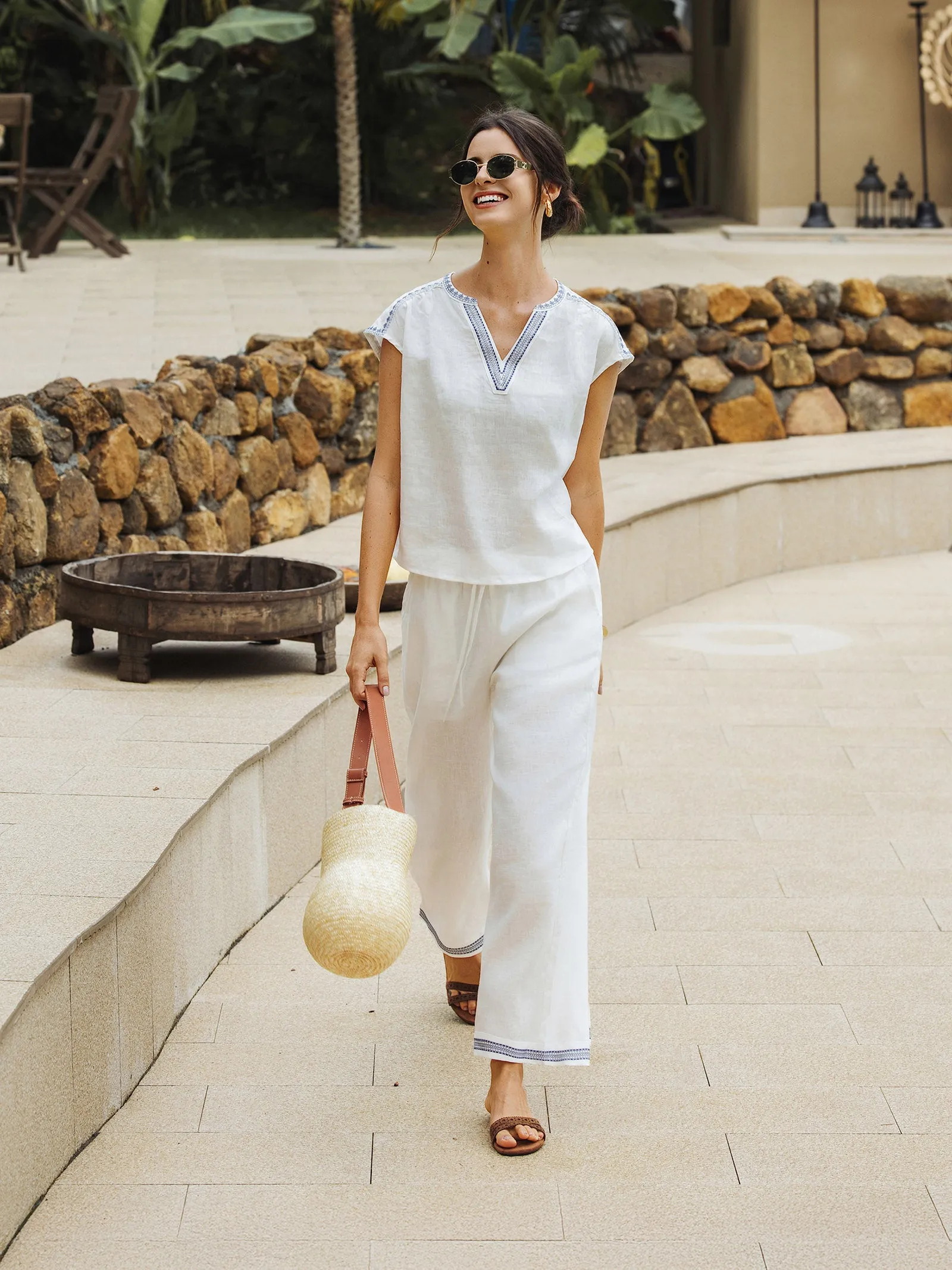 100% Linen Embroidered Elastic Waist Pants FENE sold by Lintico product image thumbnail 2