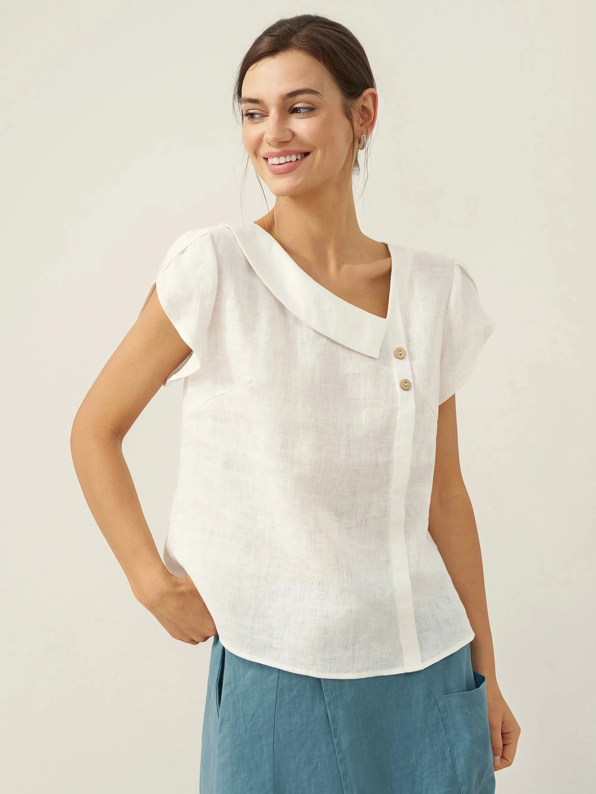 100% Linen Crescent Collar Flutter Sleeve Top FARA sold by Lintico product image thumbnail 2