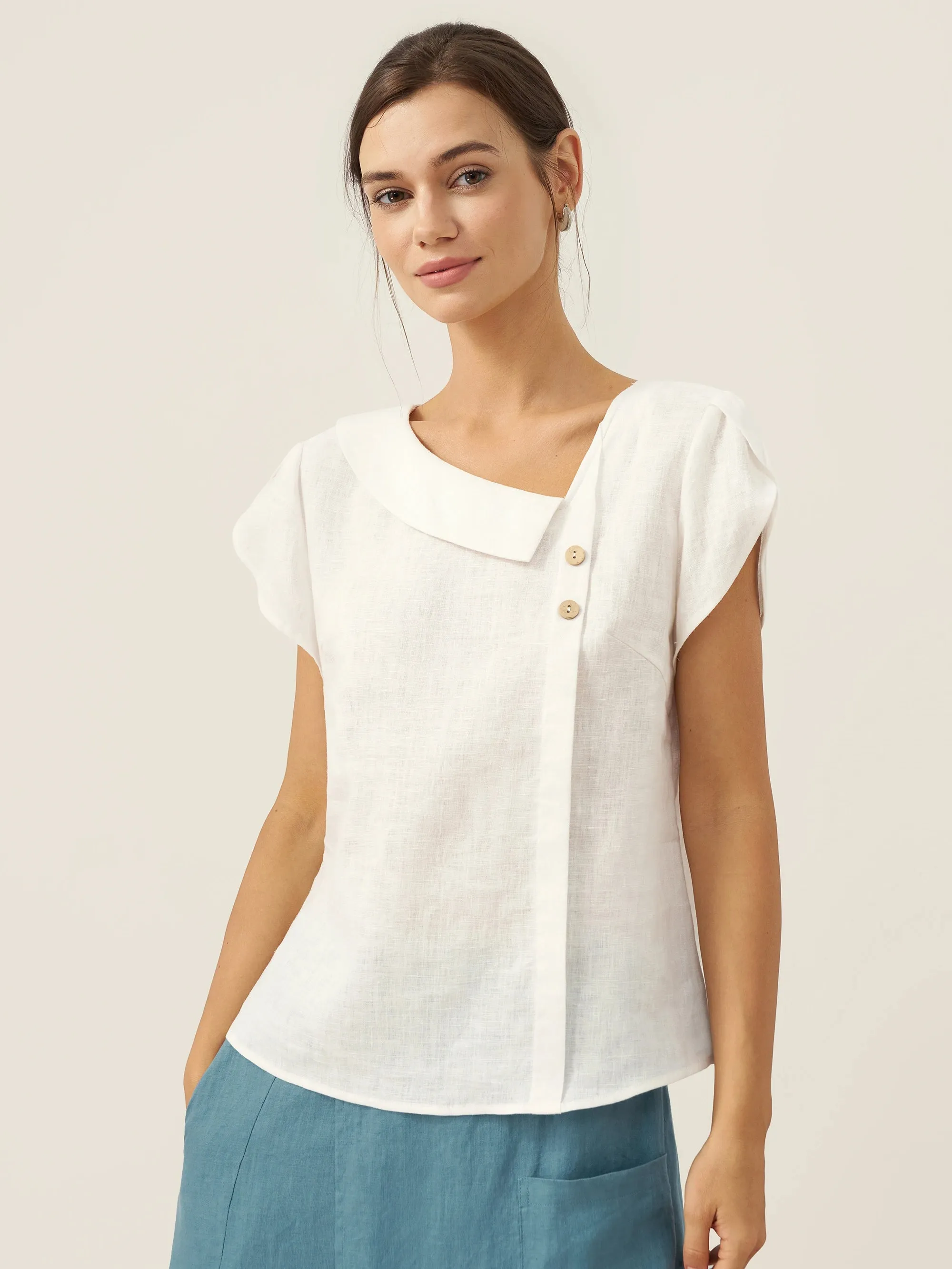 100% Linen Crescent Collar Flutter Sleeve Top FARA sold by Lintico