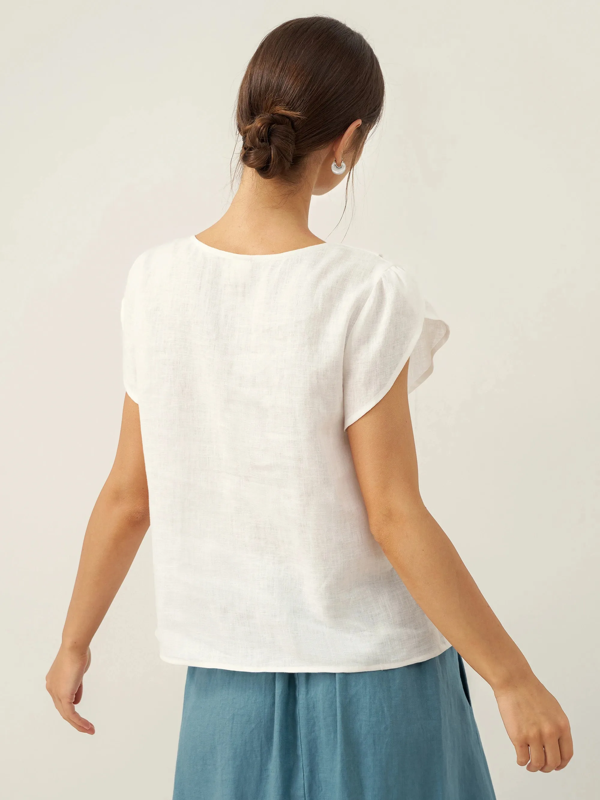100% Linen Crescent Collar Flutter Sleeve Top FARA sold by Lintico product image thumbnail 3