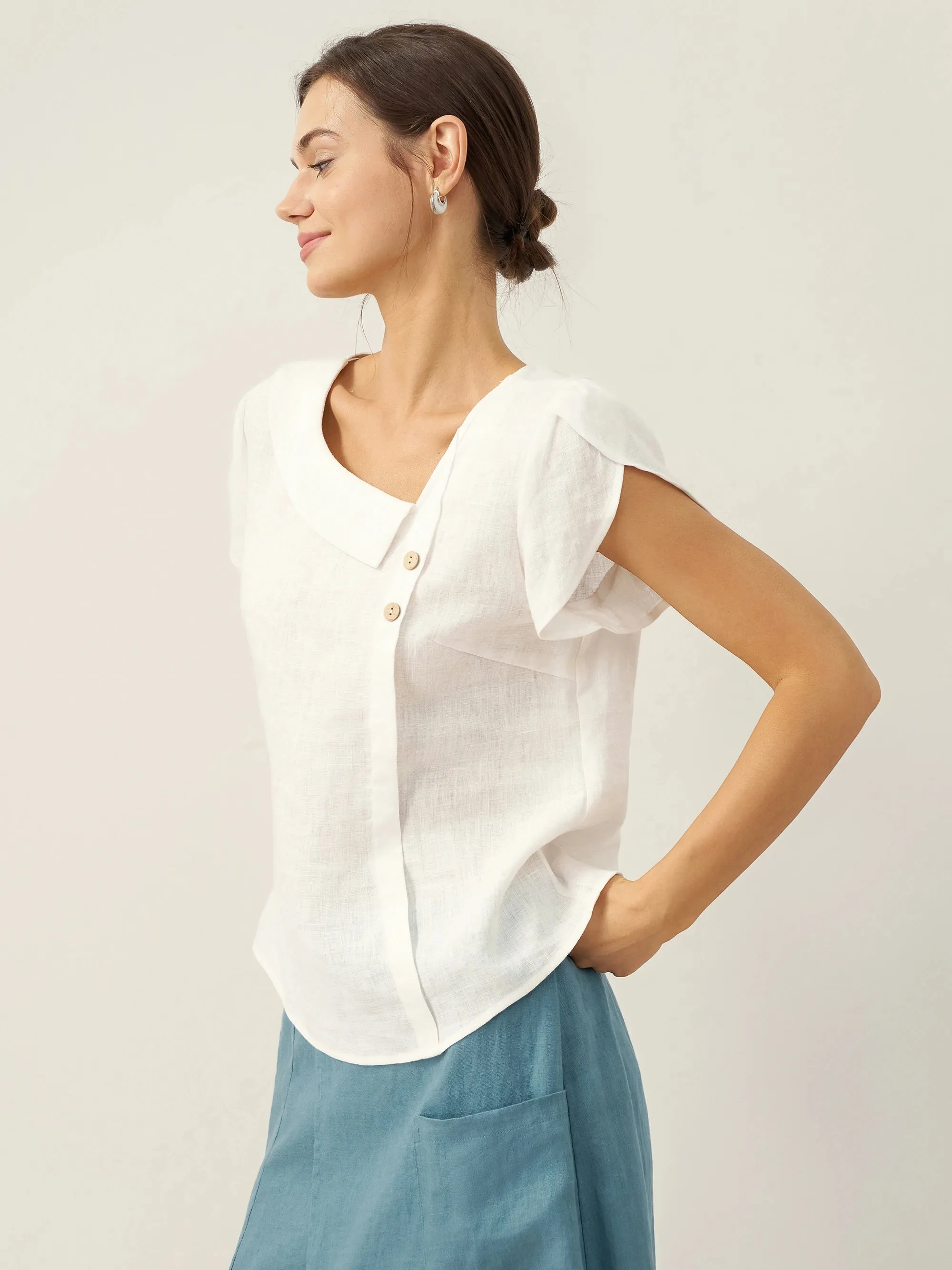 100% Linen Crescent Collar Flutter Sleeve Top FARA sold by Lintico product image thumbnail 5