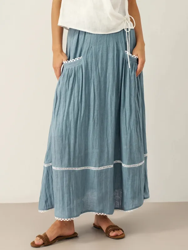 100% Linen Lace-Up Pocket Skirt FENLA sold by Lintico