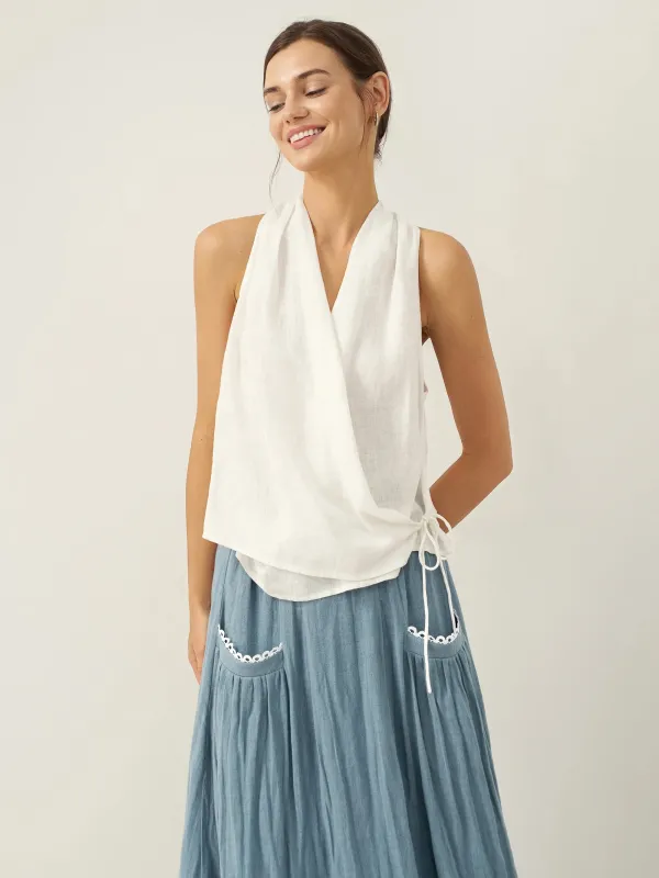 100% Linen Halter Neck Tie-Front Crop Top FAYE sold by Lintico
