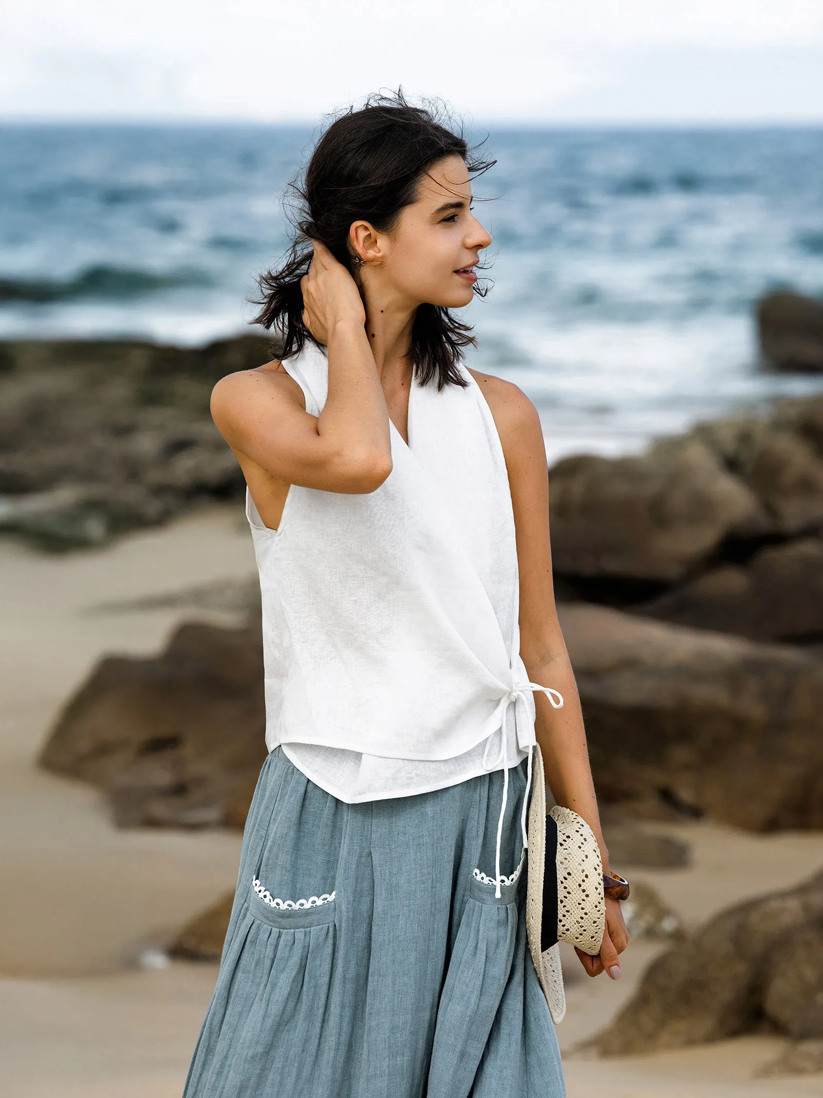 100% Linen Halter Neck Tie-Front Crop Top FAYE sold by Lintico product image thumbnail 5