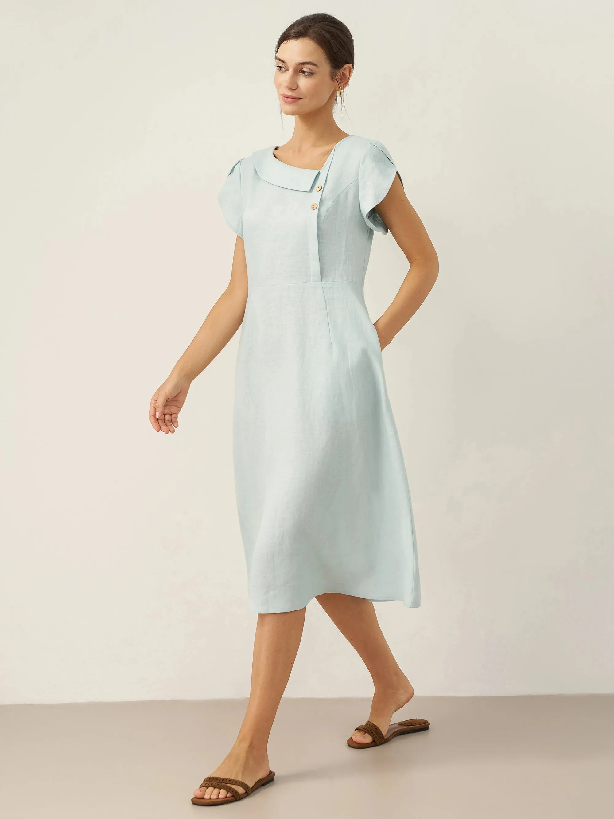 100% Linen Crescent Collar Flutter Sleeve Midi Dress FIONA sold by Lintico product image thumbnail 4