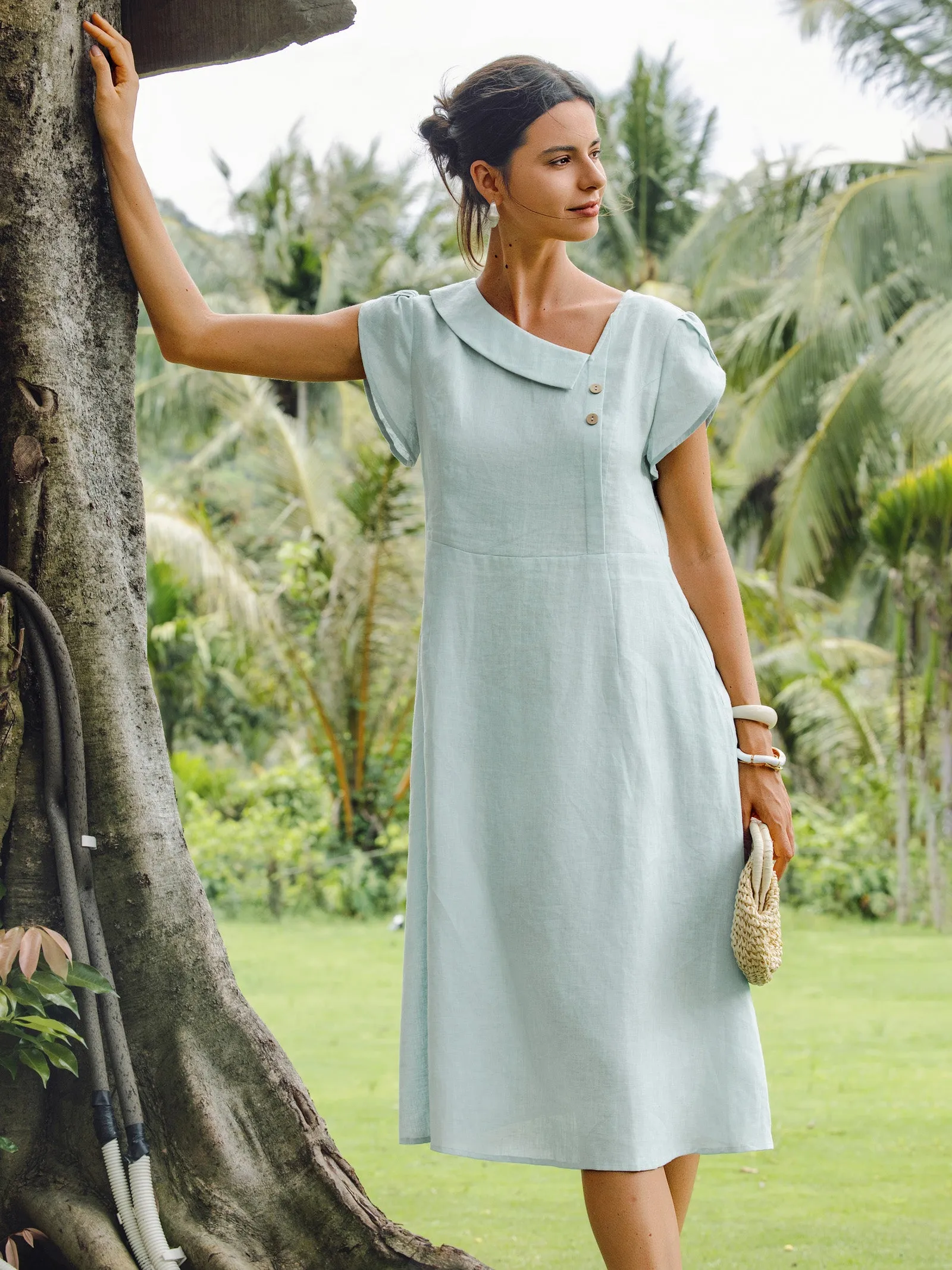 100% Linen Crescent Collar Flutter Sleeve Midi Dress FIONA sold by Lintico product image thumbnail 2