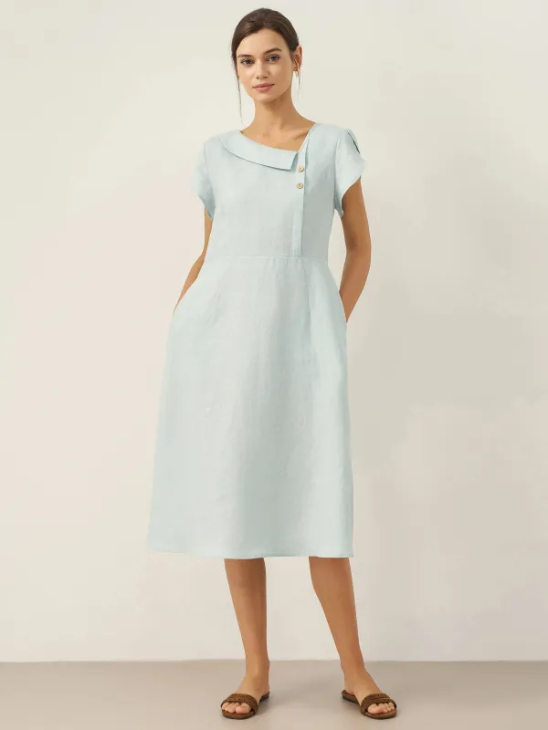 100% Linen Crescent Collar Flutter Sleeve Midi Dress FIONA sold by Lintico