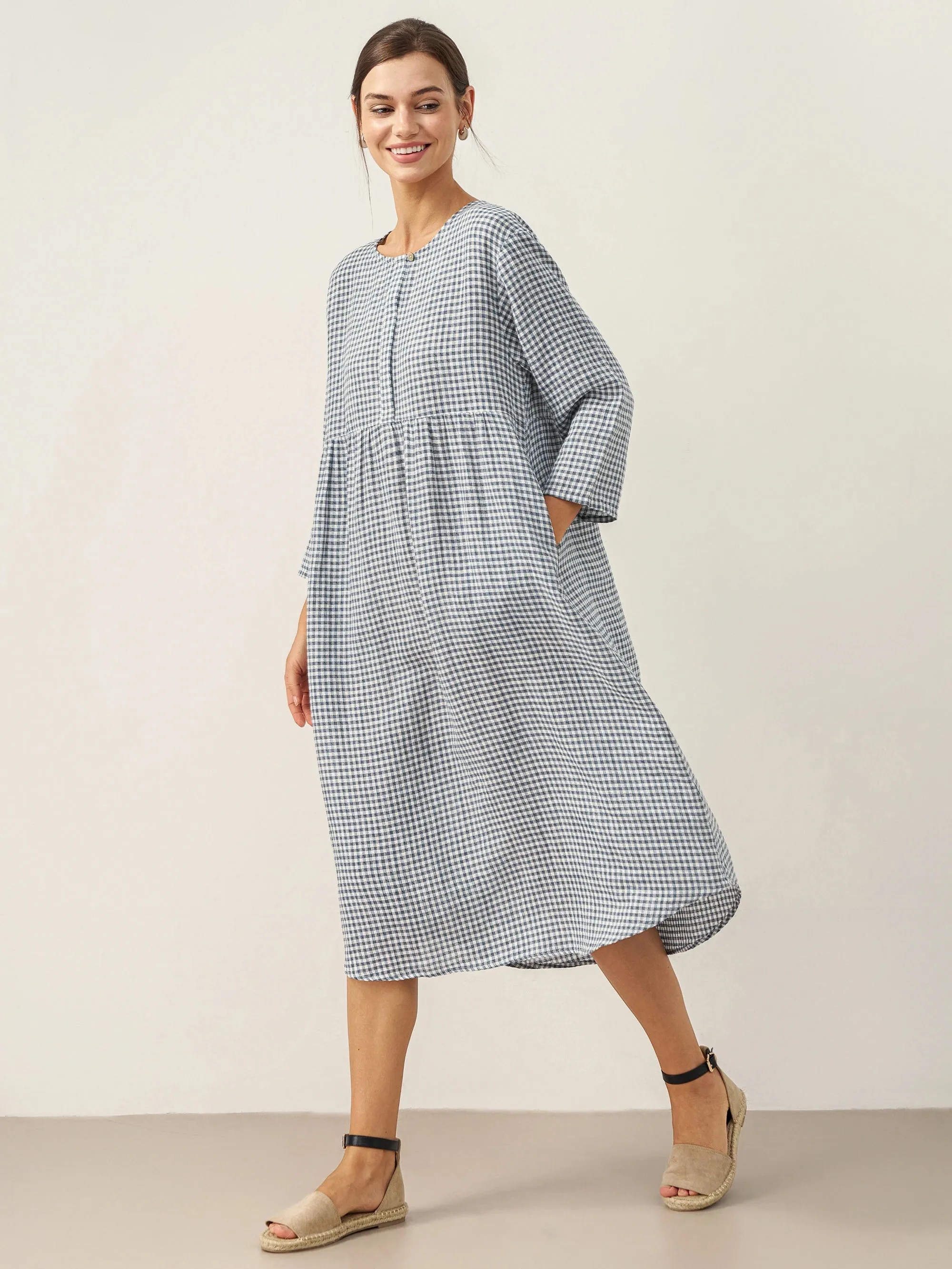 Linen Check Long Sleeve Midi Dress FIRTH sold by Lintico product image thumbnail 4