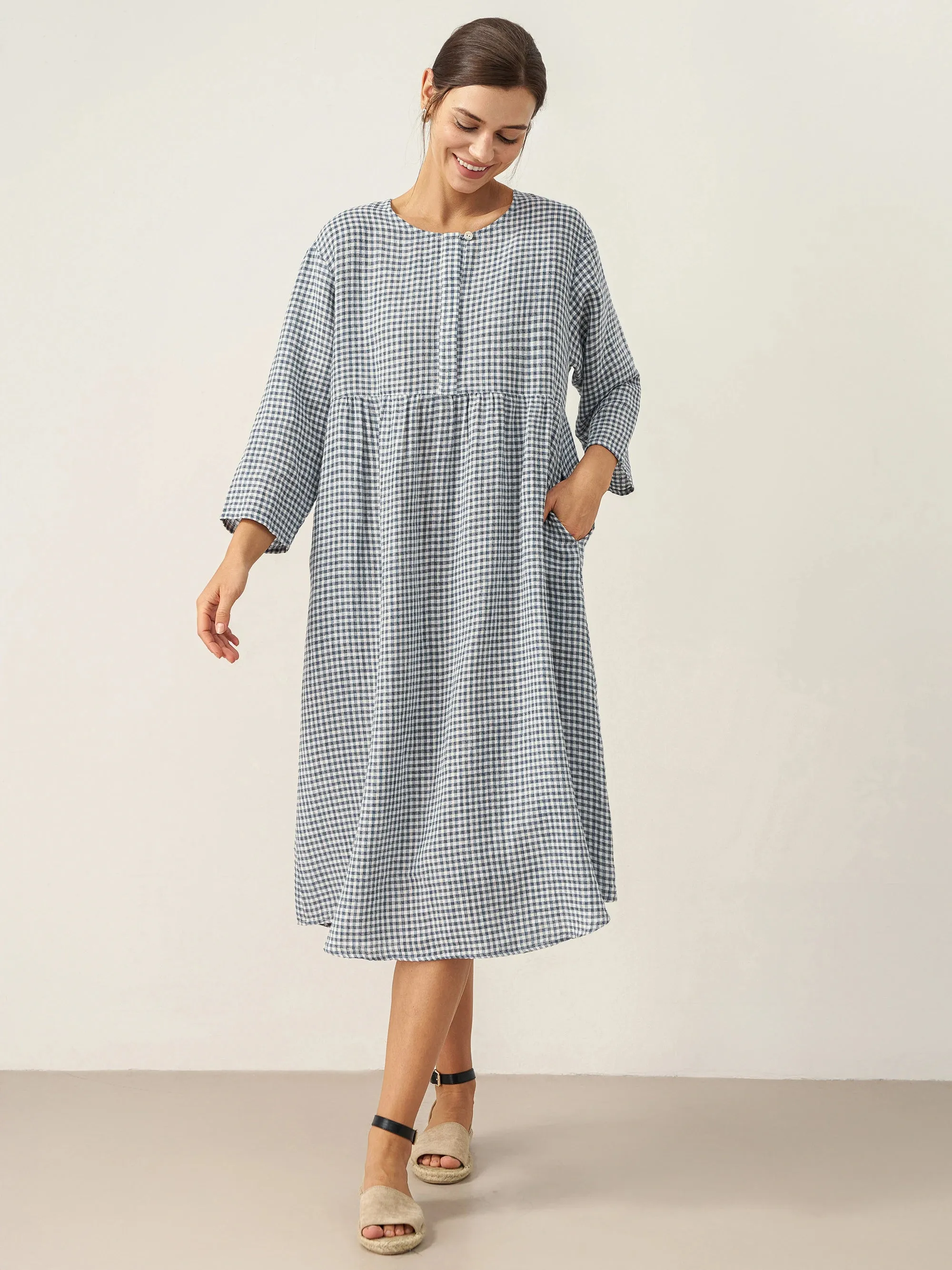 Linen Check Long Sleeve Midi Dress FIRTH sold by Lintico product image thumbnail 2