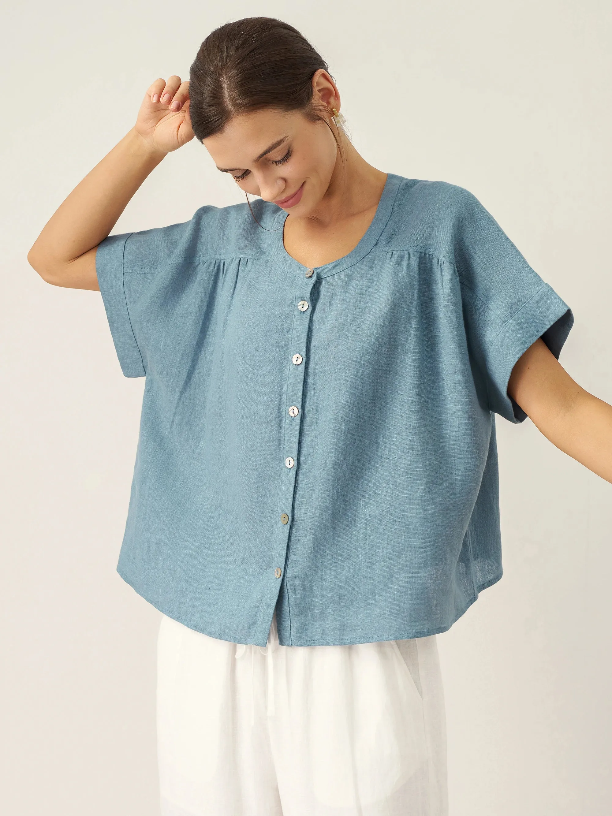 100% Linen Short Sleeve Crew Neck Shirt FINA sold by Lintico product image thumbnail 4