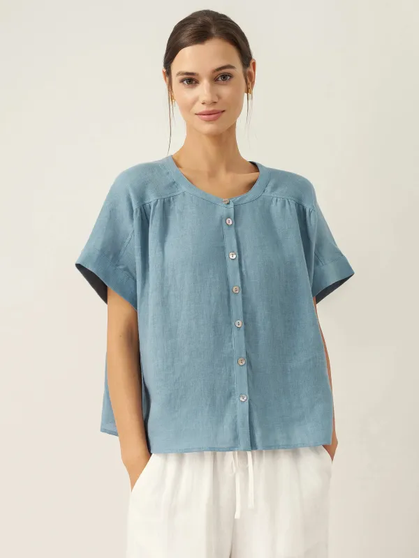 100% Linen Short Sleeve Crew Neck Shirt FINA made by Lintico