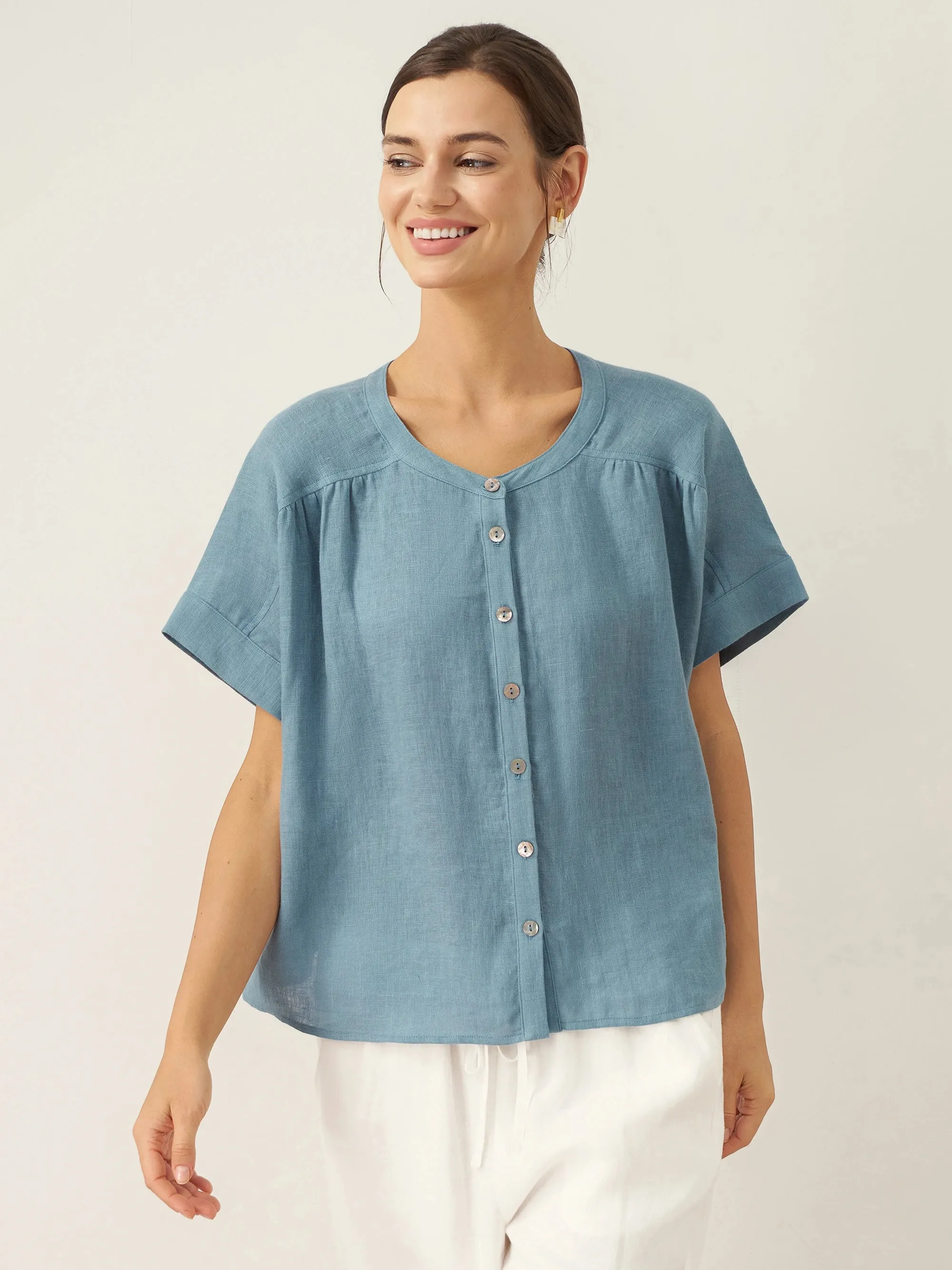 100% Linen Short Sleeve Crew Neck Shirt FINA sold by Lintico product image thumbnail 5