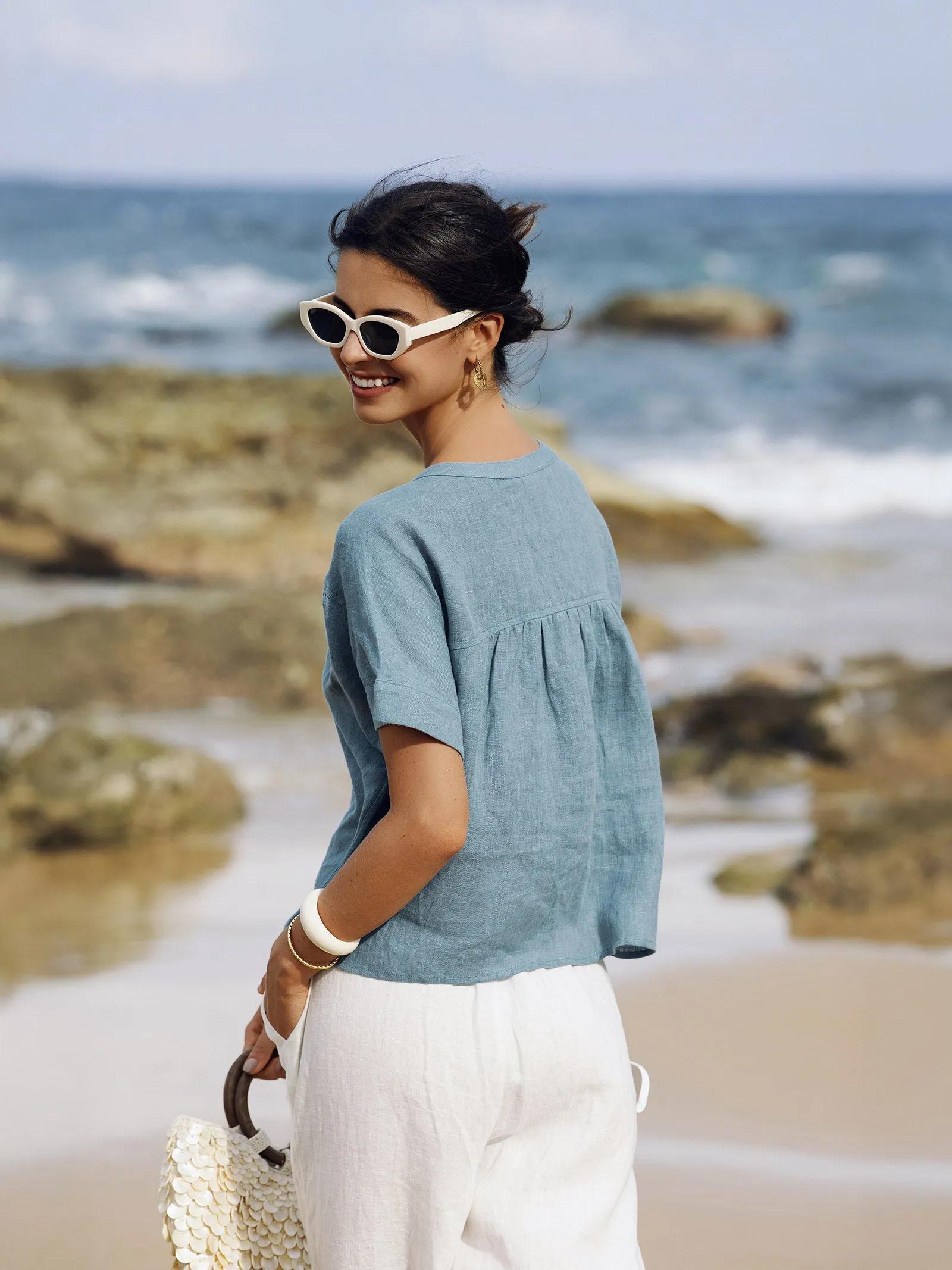 100% Linen Short Sleeve Crew Neck Shirt FINA sold by Lintico product image thumbnail 3