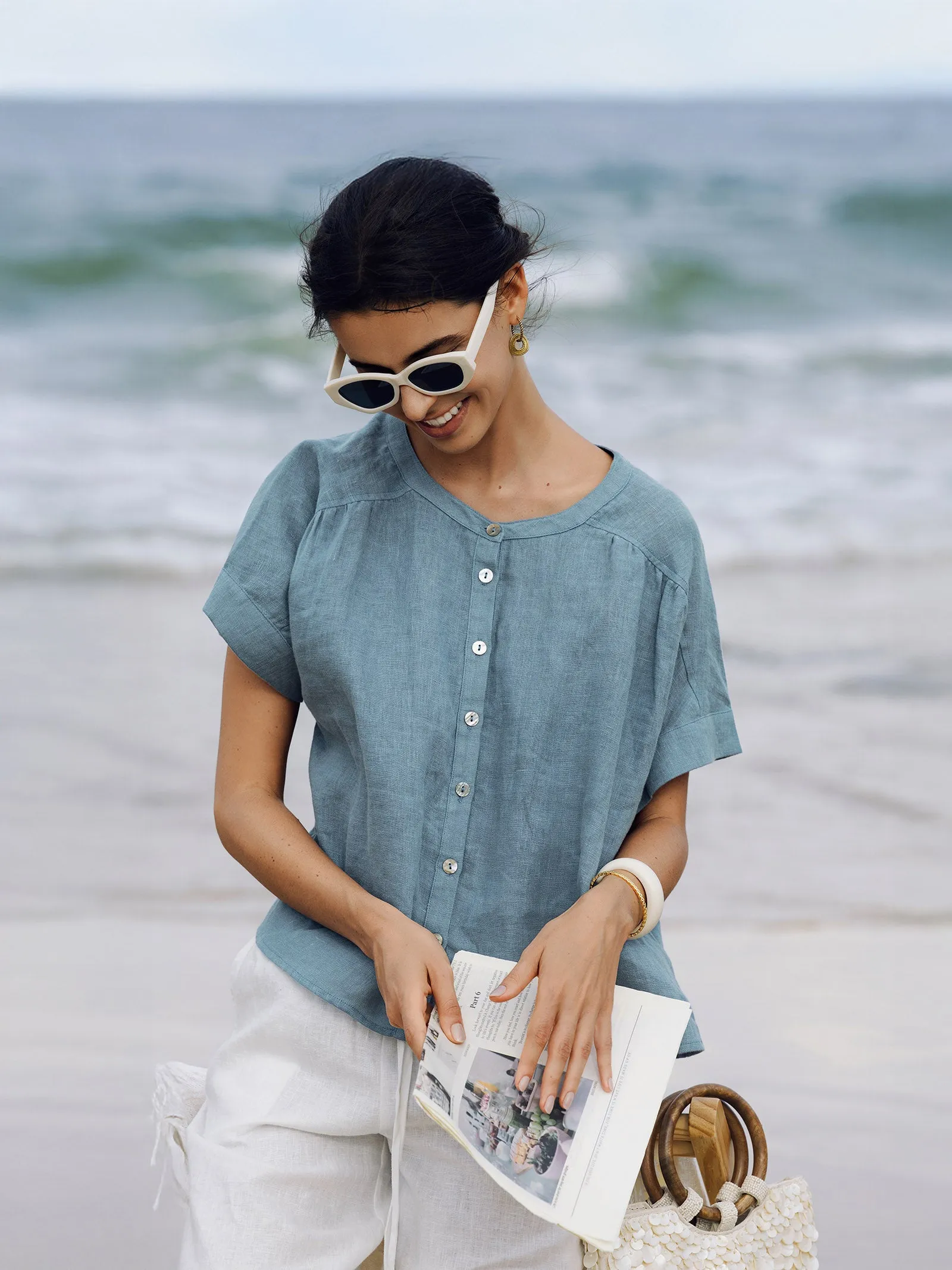 100% Linen Short Sleeve Crew Neck Shirt FINA sold by Lintico product image thumbnail 2