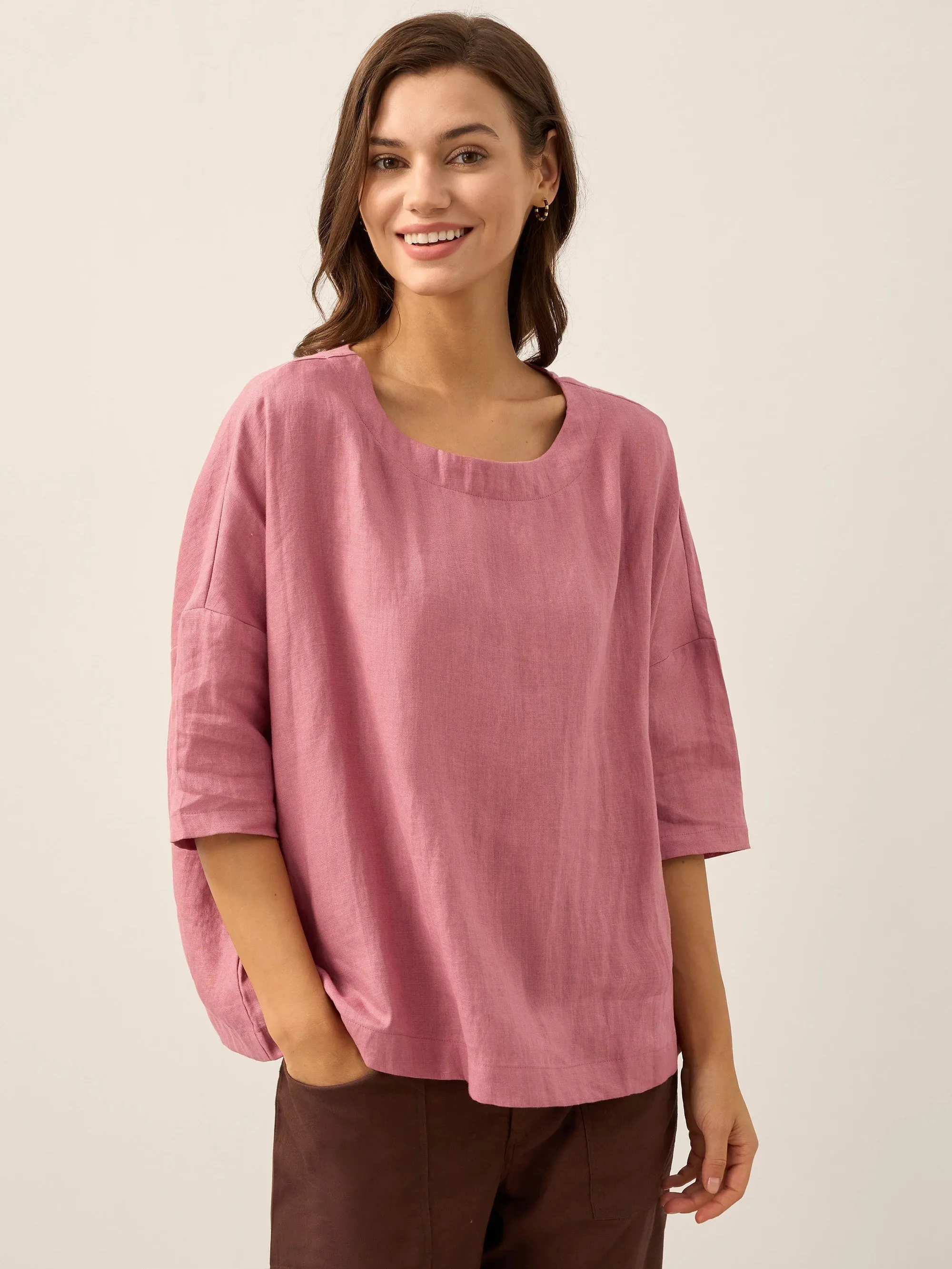 100% Linen Boatneck 3/4 Length Sleeve Top AURORA sold by Lintico product image thumbnail 2