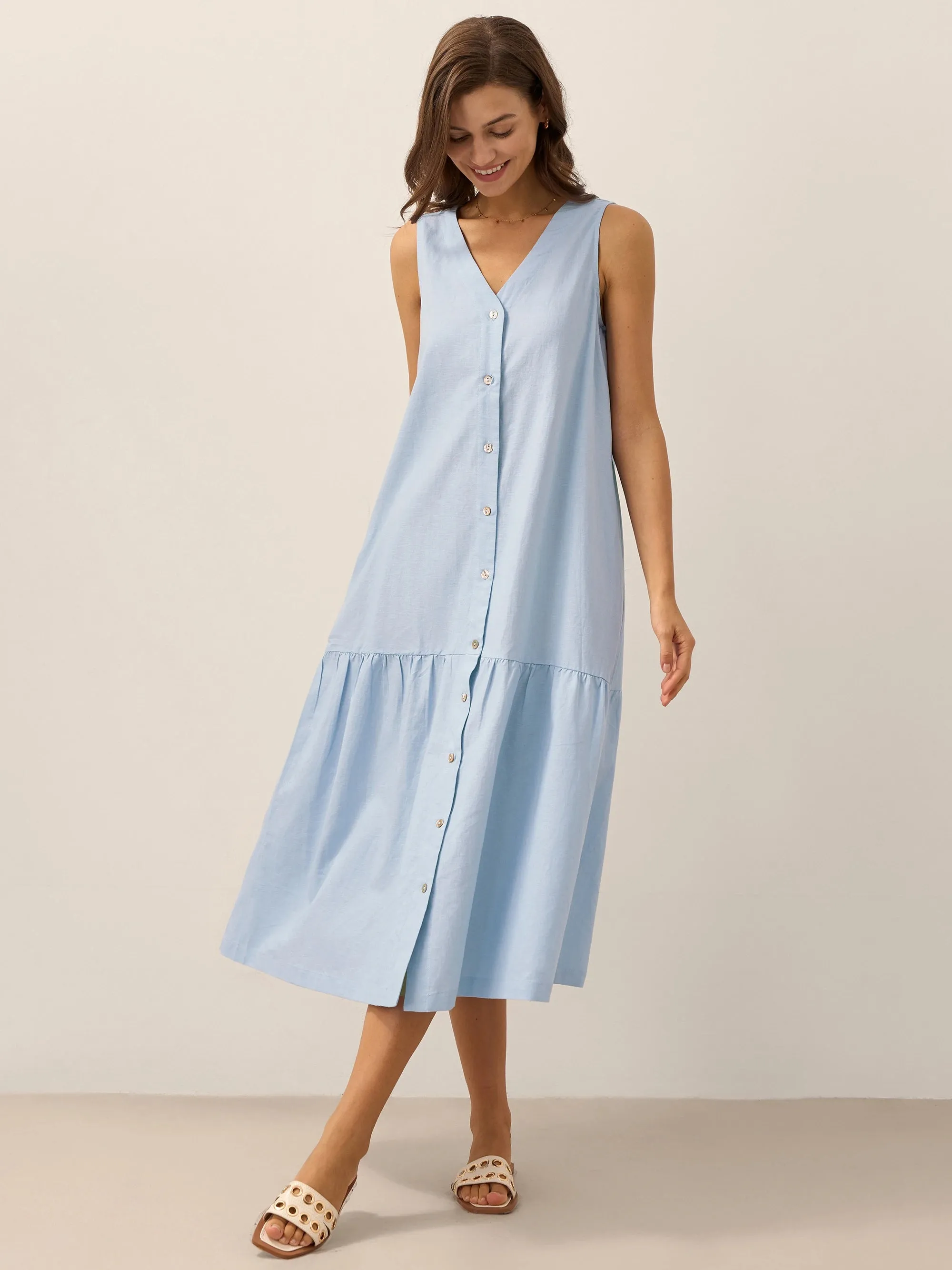 Linen Vacation Sleeveless V-Neck Mid-Length Dress CELINE sold by Lintico product image thumbnail 4