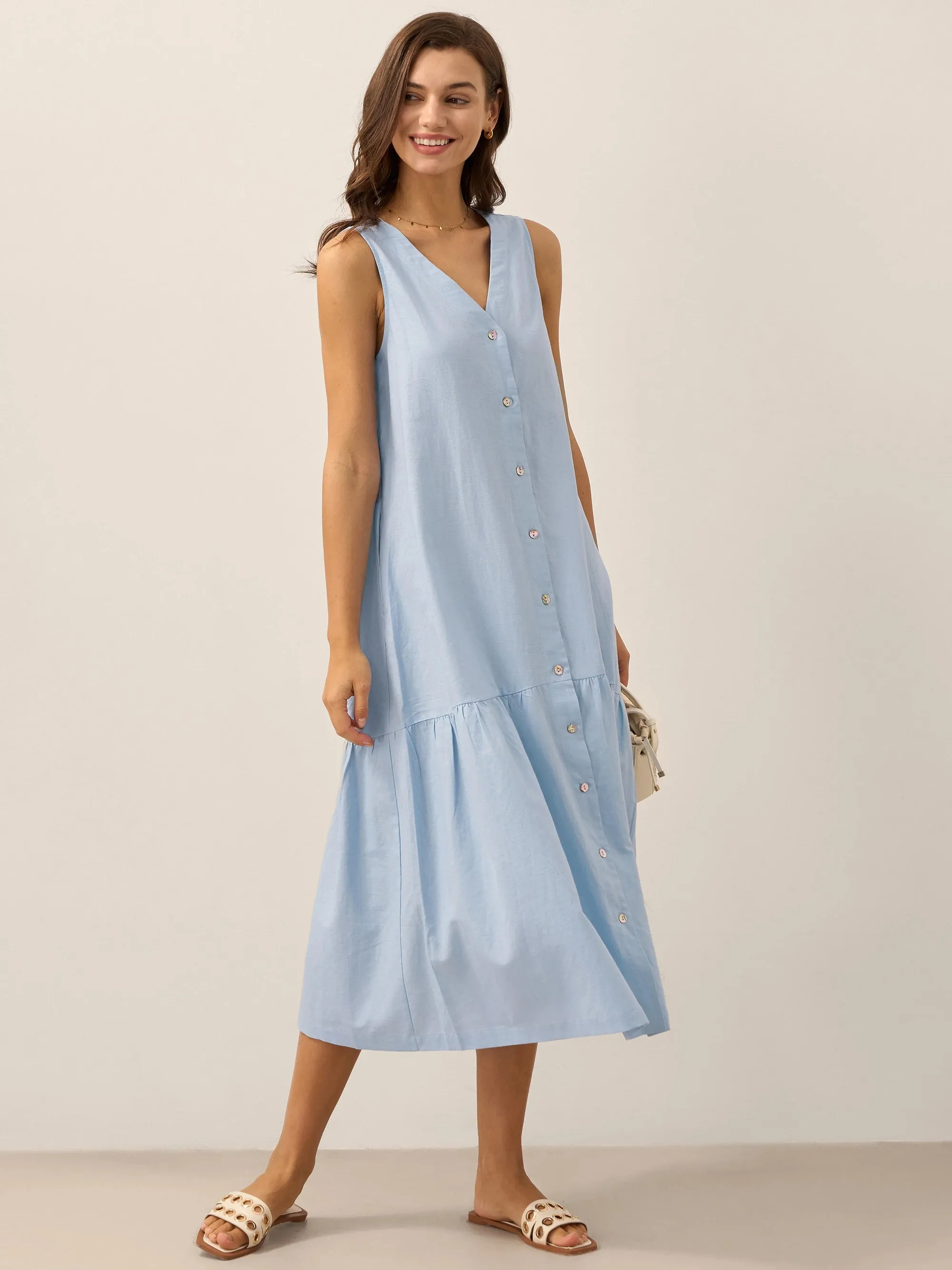 Linen Vacation Sleeveless V-Neck Mid-Length Dress CELINE sold by Lintico