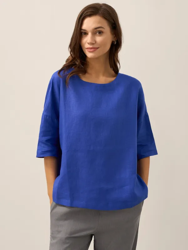 100% Linen Boatneck 3/4 Length Sleeve Top AURORA sold by Lintico