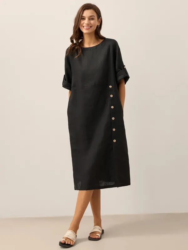 100% Linen Round Neck Button Detail Midi Dress JELENA sold by Lintico