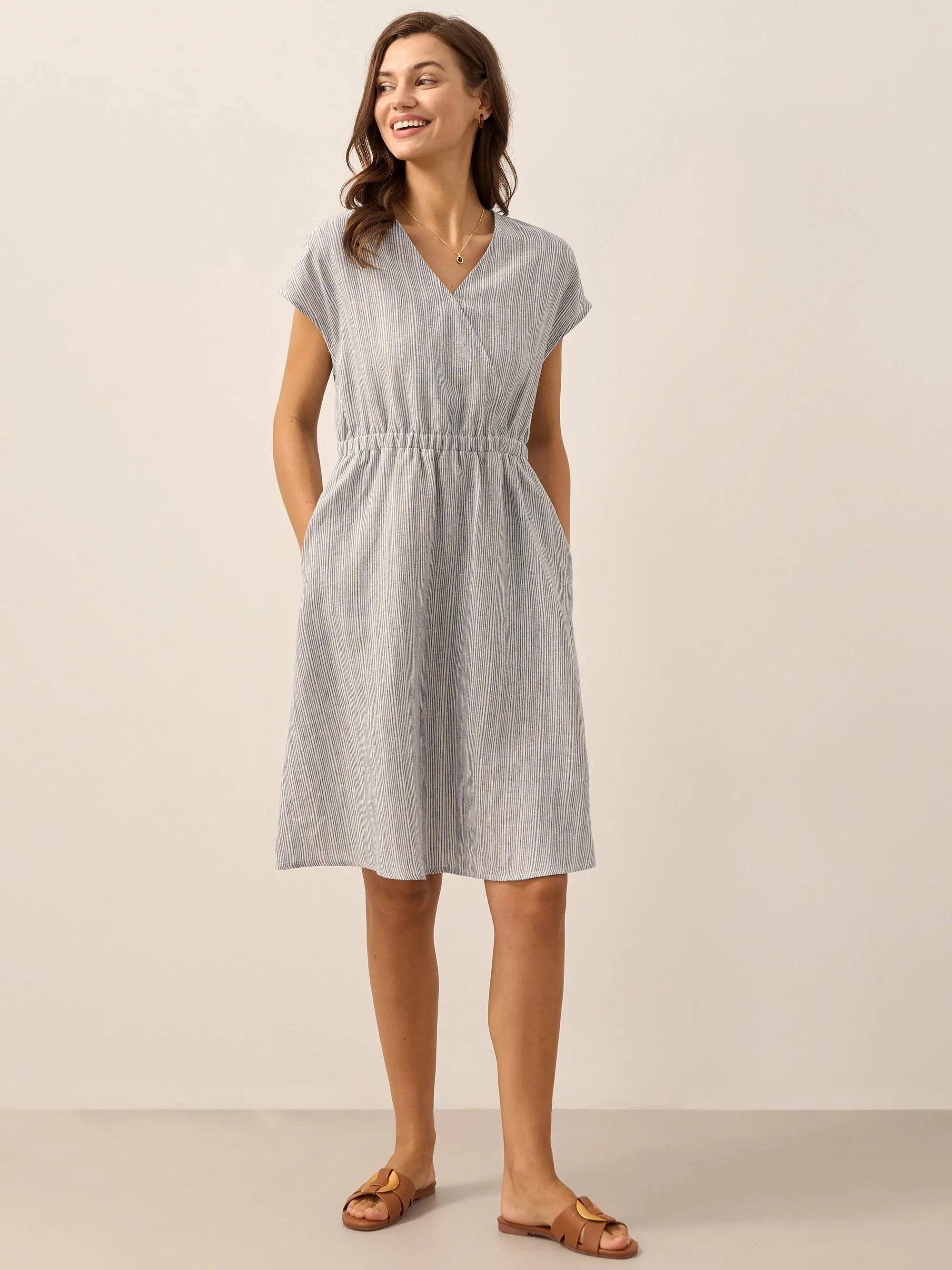 100% Linen Striped Elastic-Waist Midi Dress ARIA sold by Lintico product image thumbnail 2