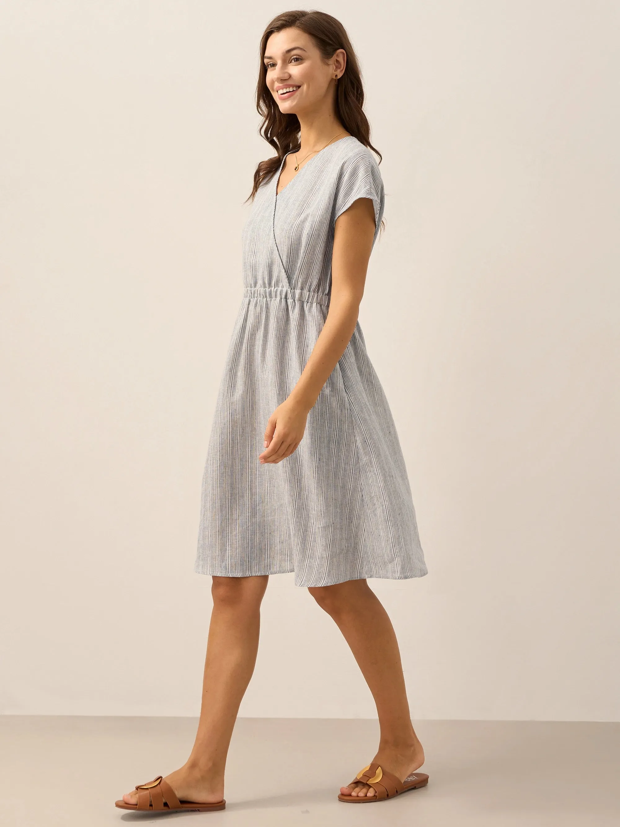 100% Linen Striped Elastic-Waist Midi Dress ARIA sold by Lintico product image thumbnail 3