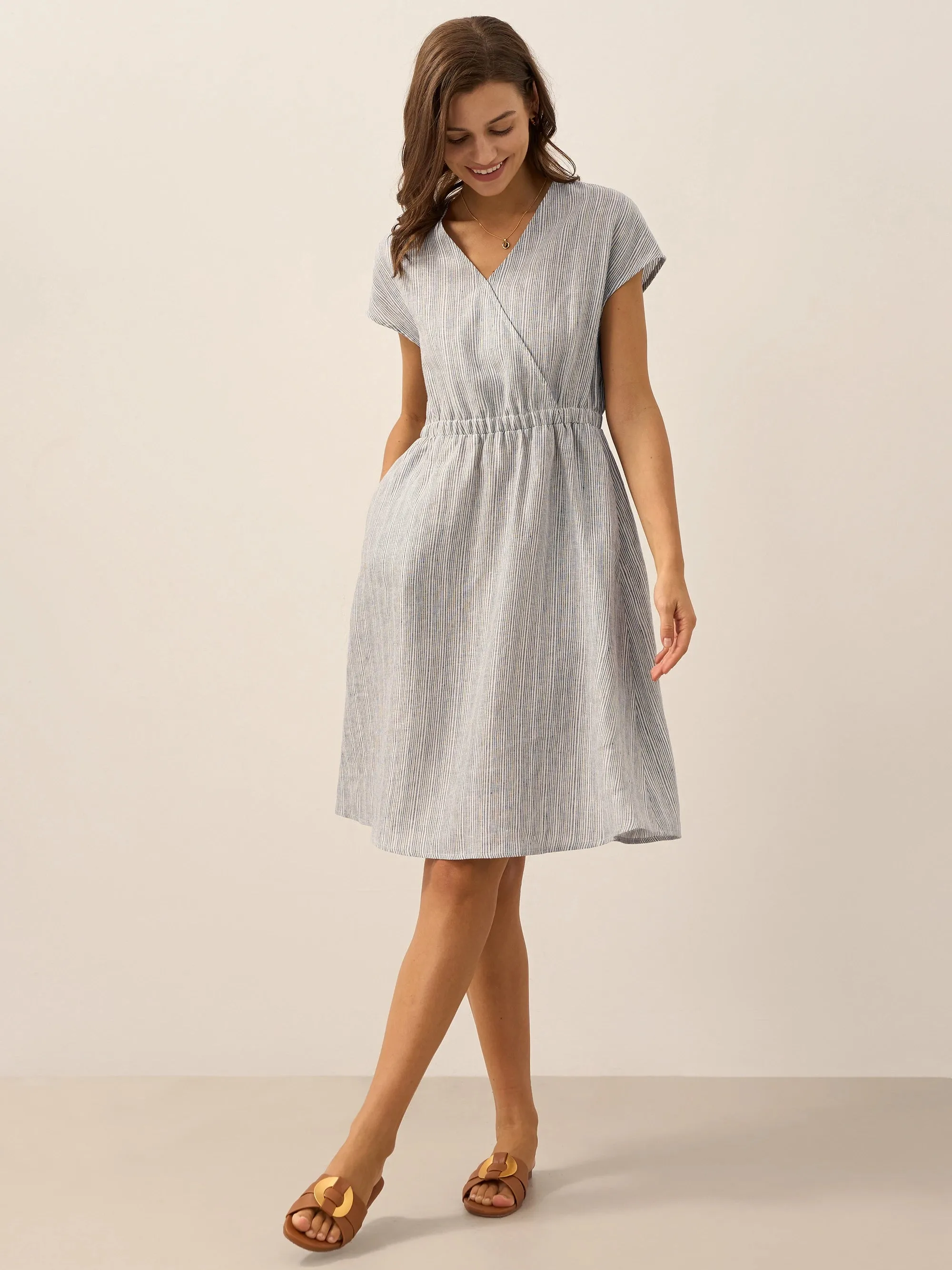 100% Linen Striped Elastic-Waist Midi Dress ARIA sold by Lintico