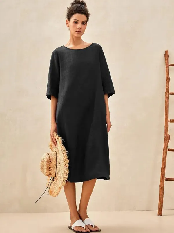 100% Linen Collarless Mid-Length Dress SOFIA sold by Lintico
