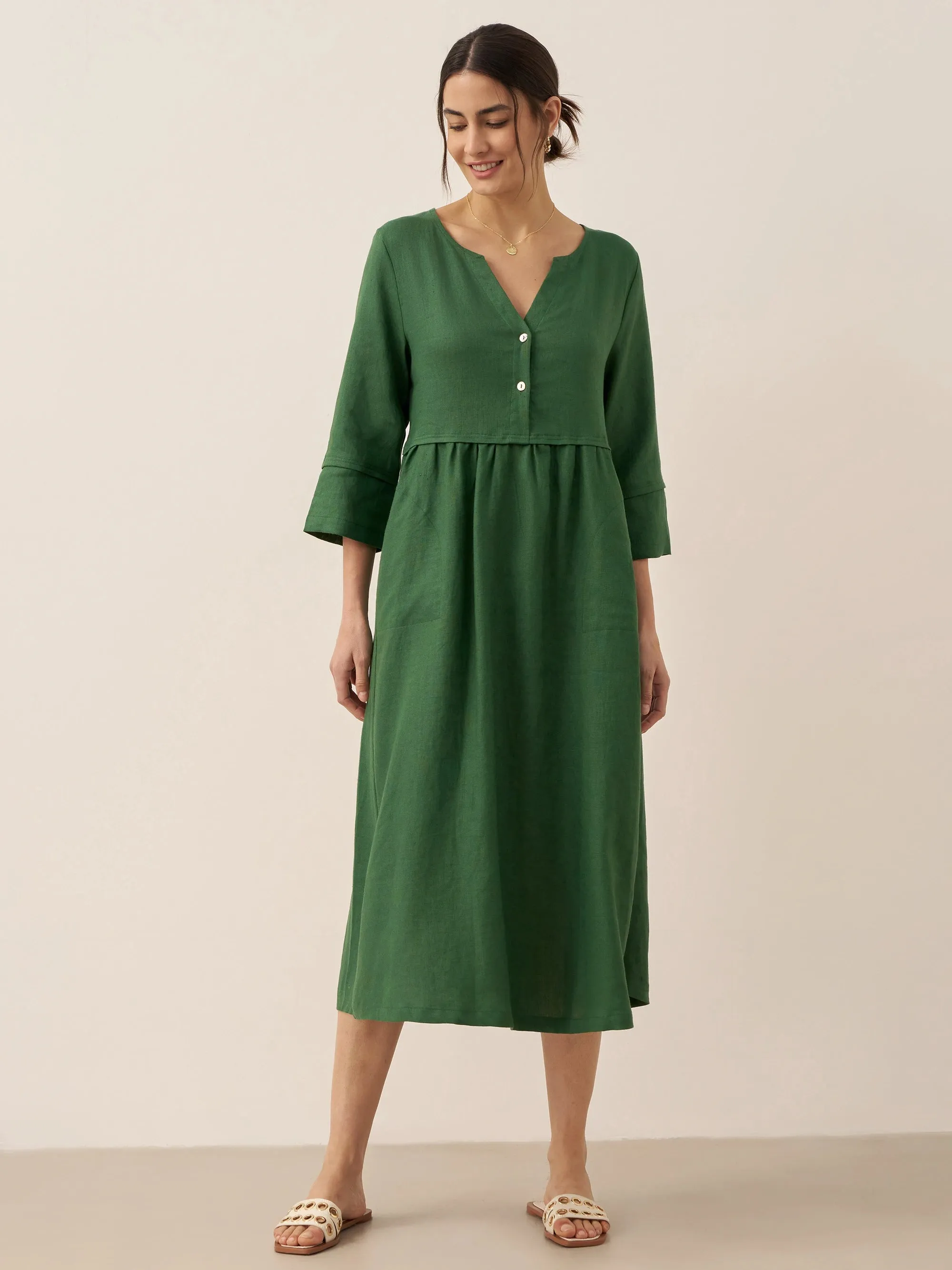 100% Linen Loose Fit Button Waist Gathered Maxi Dress LUNA sold by Lintico product image thumbnail 4