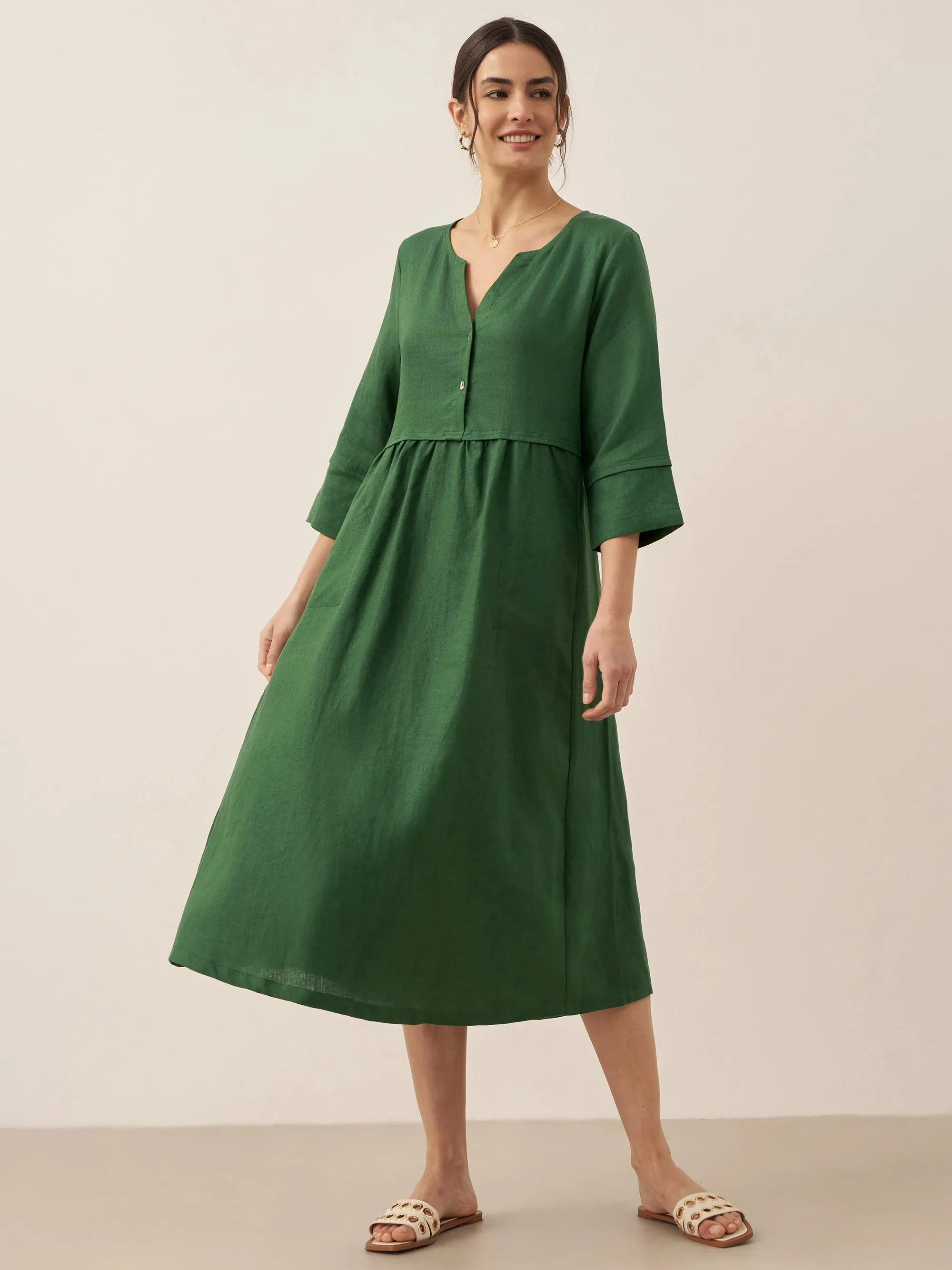 100% Linen Loose Fit Button Waist Gathered Maxi Dress LUNA sold by Lintico product image thumbnail 3