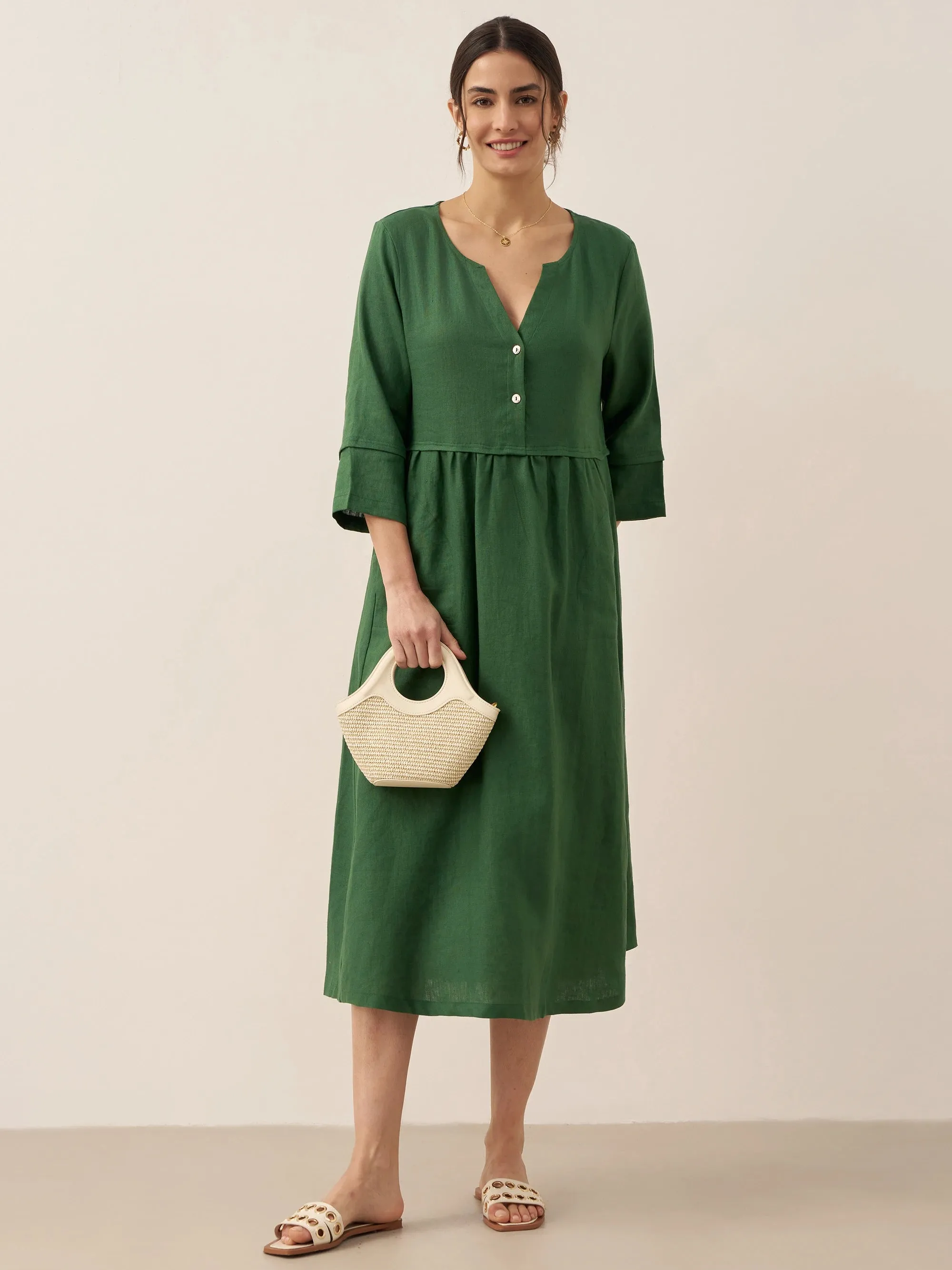 100% Linen Loose Fit Button Waist Gathered Maxi Dress LUNA sold by Lintico product image thumbnail 5