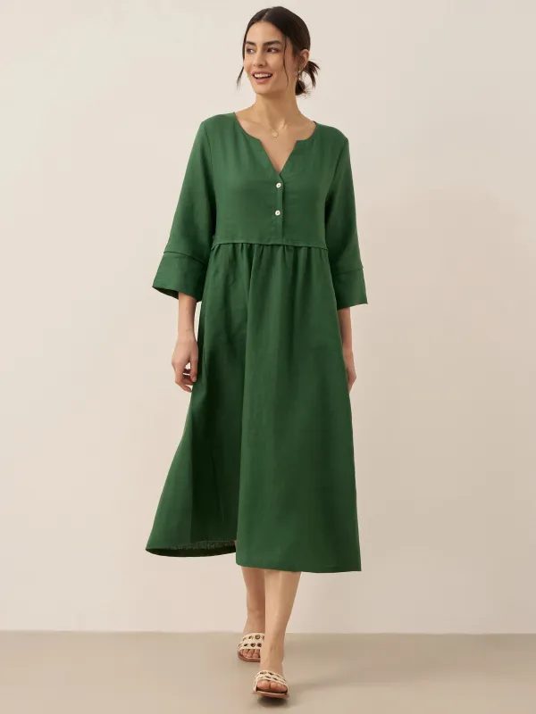 100% Linen Loose Fit Button Waist Gathered Maxi Dress LUNA sold by Lintico