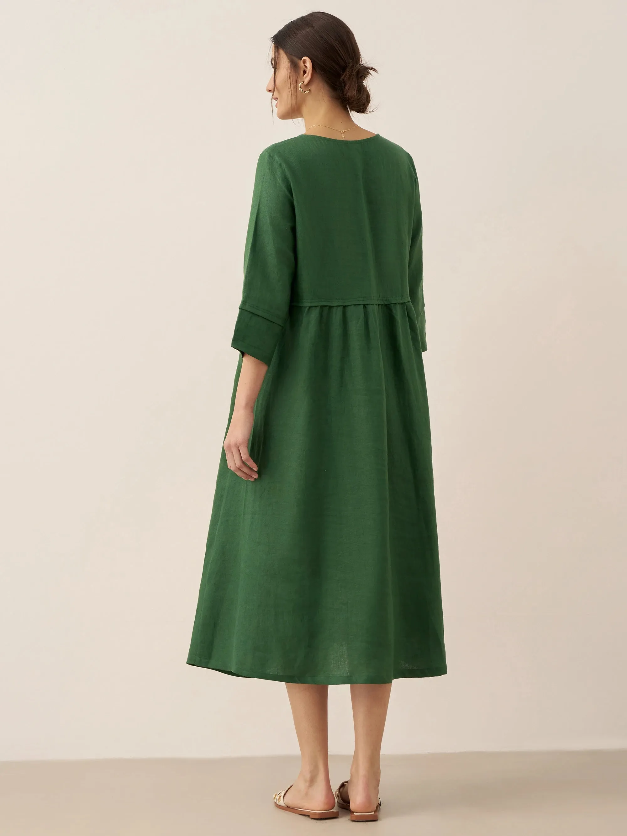 100% Linen Loose Fit Button Waist Gathered Maxi Dress LUNA sold by Lintico product image thumbnail 2