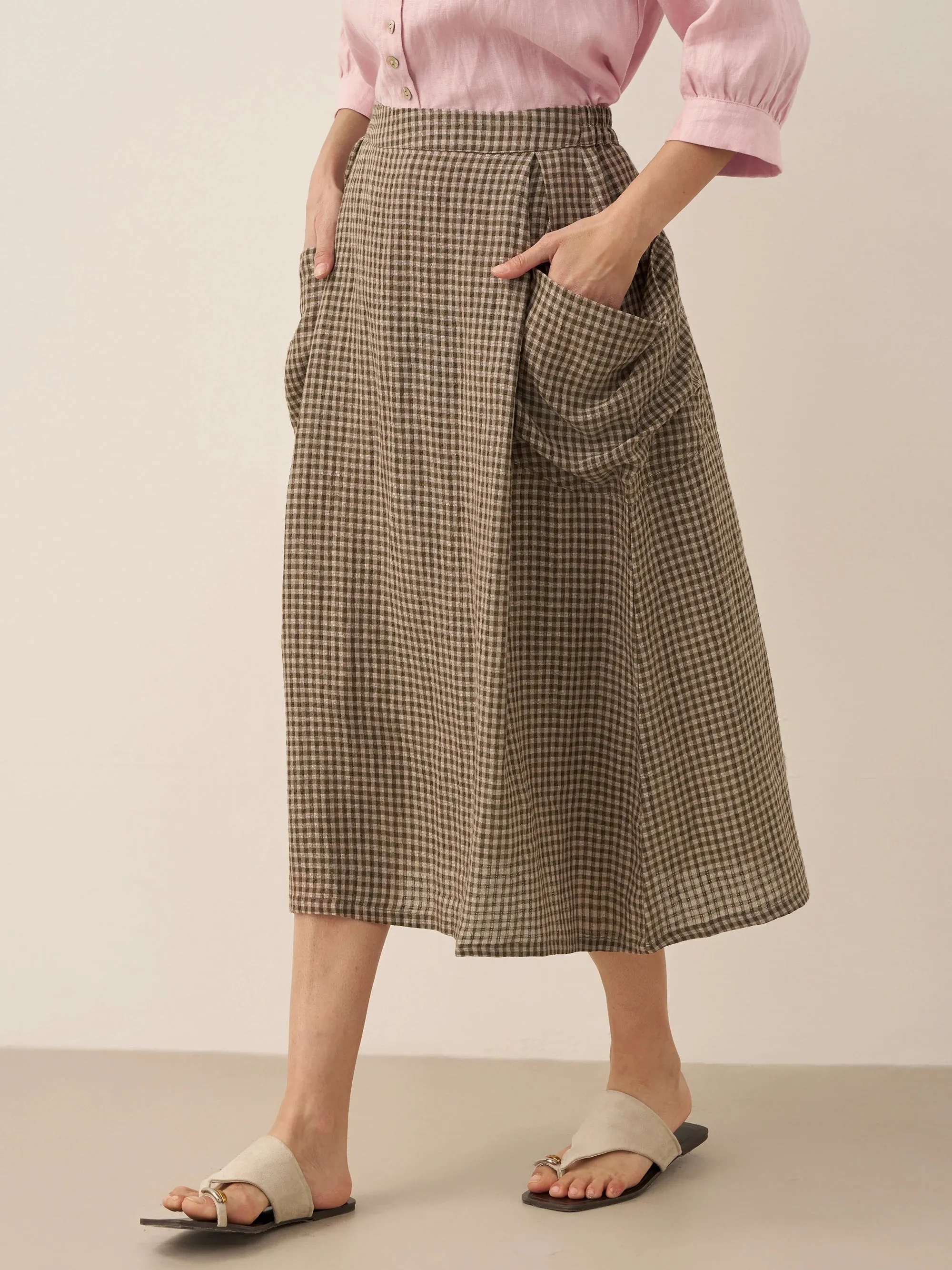 Linen Checked Elastic Waist Skirt ONYX sold by Lintico product image thumbnail 2
