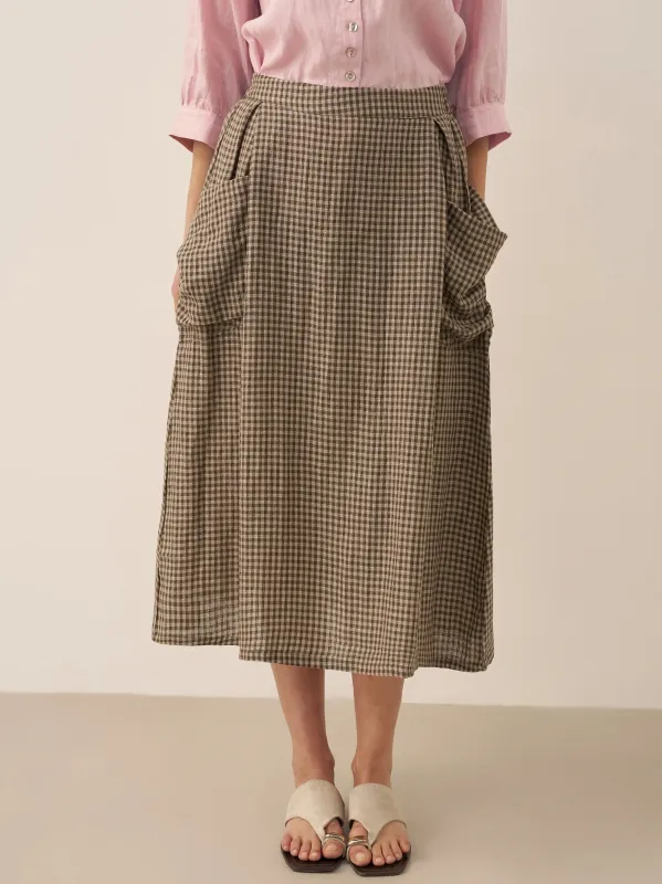 Linen Checked Elastic Waist Skirt ONYX sold by Lintico