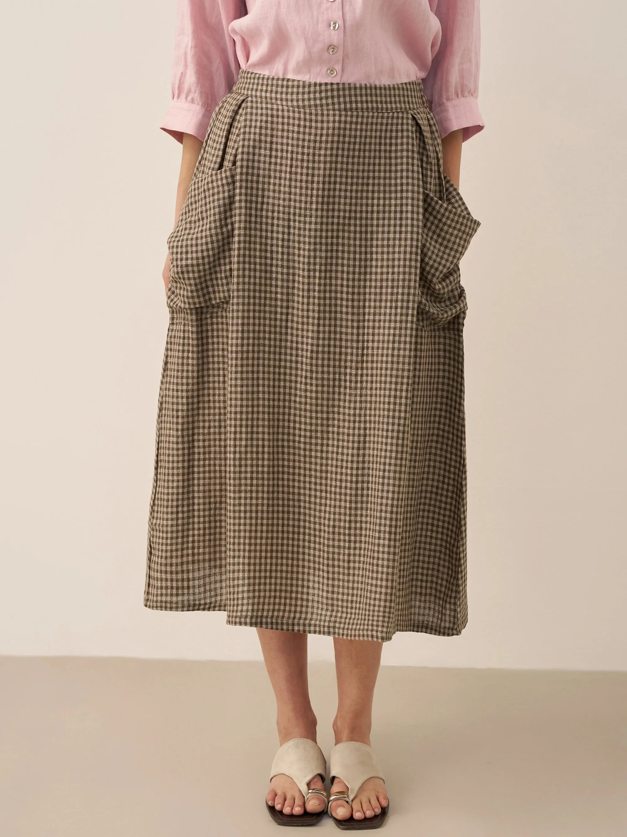 Linen Checked Elastic Waist Skirt ONYX sold by Lintico