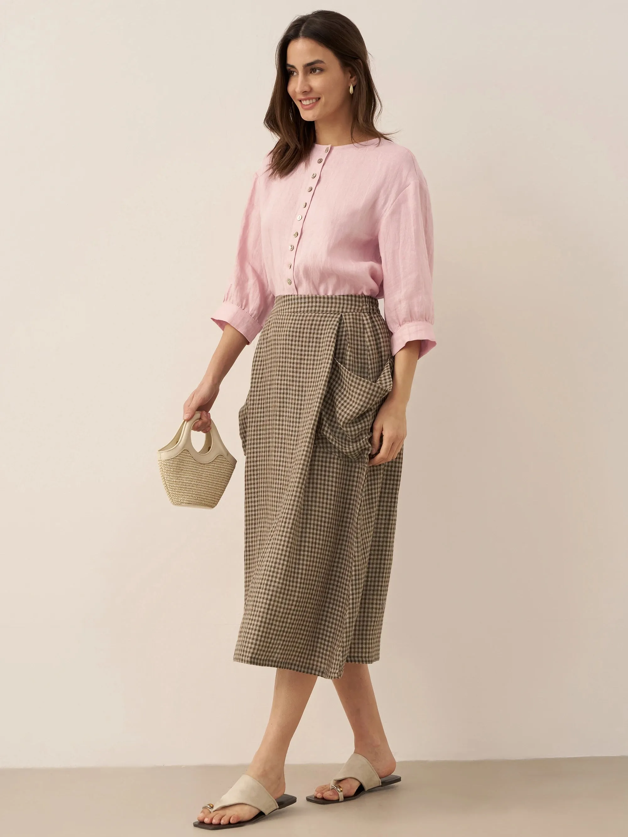 Linen Checked Elastic Waist Skirt ONYX sold by Lintico product image thumbnail 5