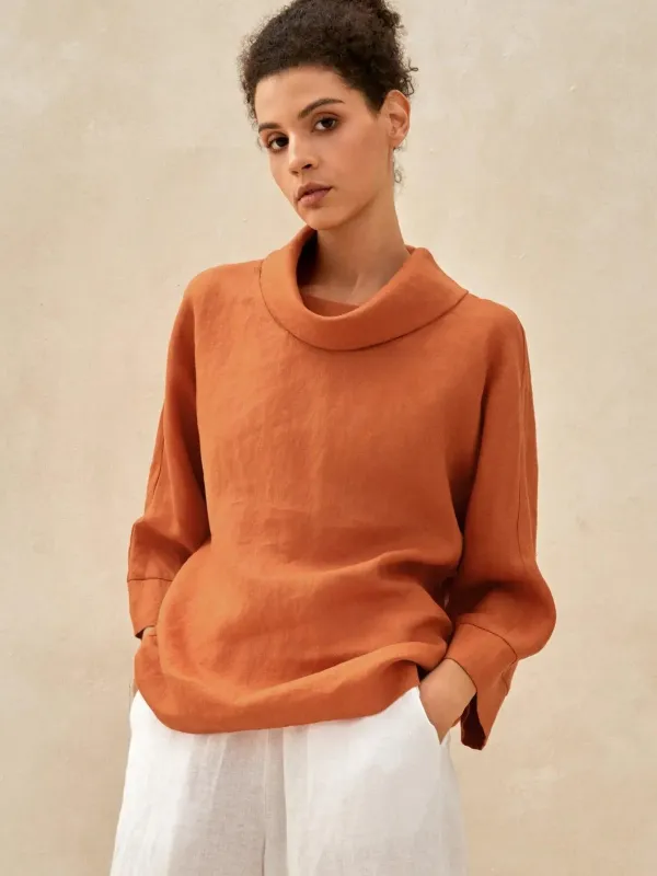 100% Linen Checked Dropped Collar Long-Sleeve Top CORINNE sold by Lintico