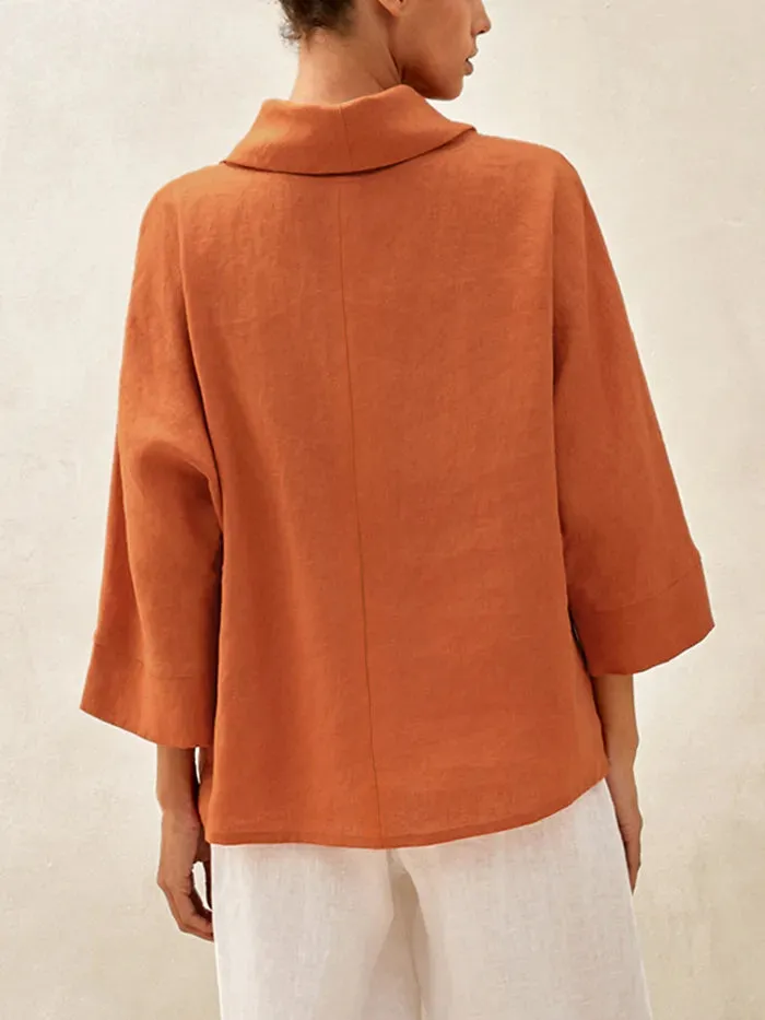 100% Linen Checked Dropped Collar Long-Sleeve Top CORINNE sold by Lintico product image thumbnail 4