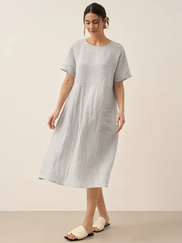 100% Linen Pinstripe Paneled Short-Sleeved Dress MORGAN sold by Lintico