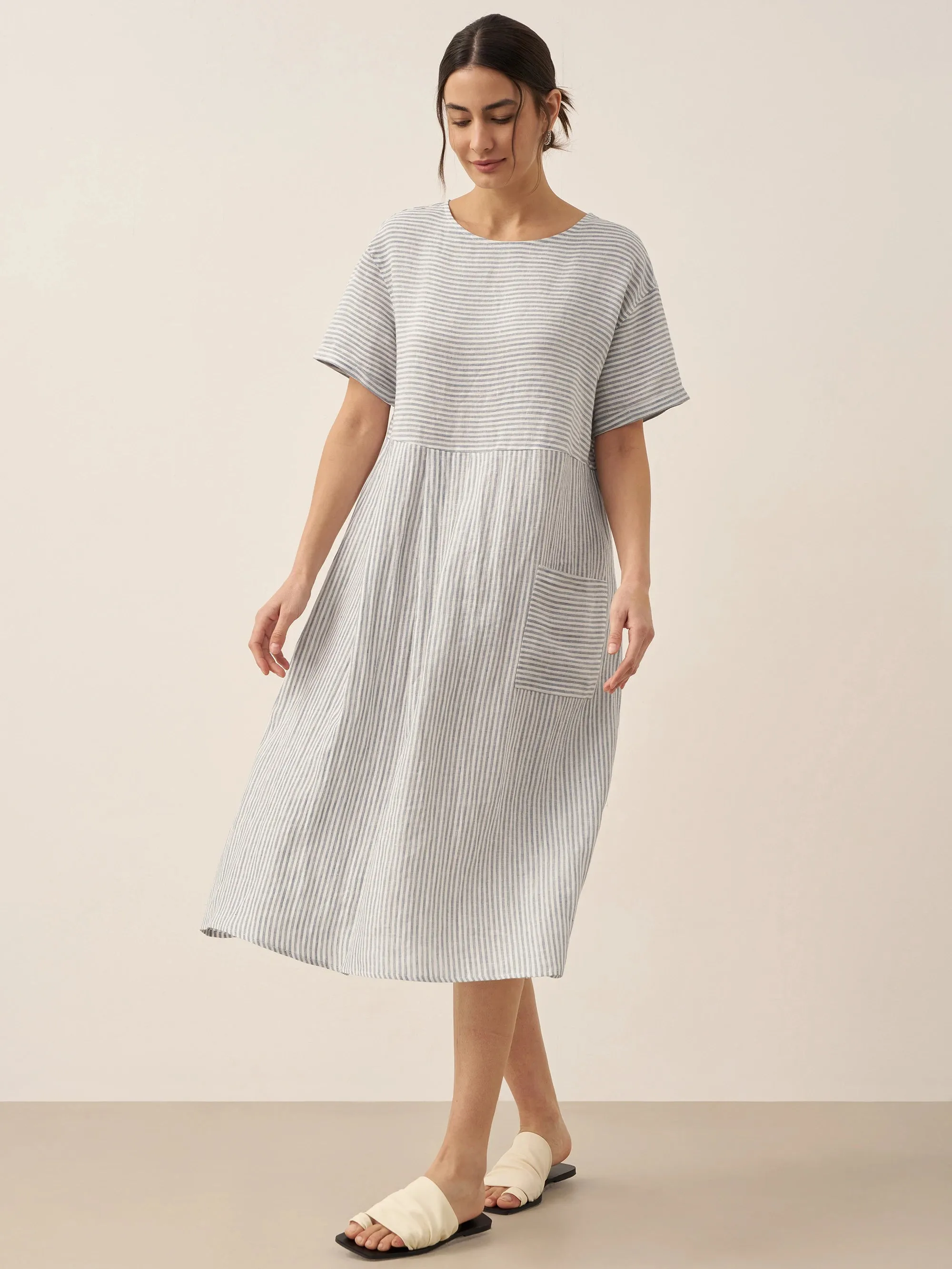 100% Linen Pinstripe Paneled Short-Sleeved Dress MORGAN sold by Lintico